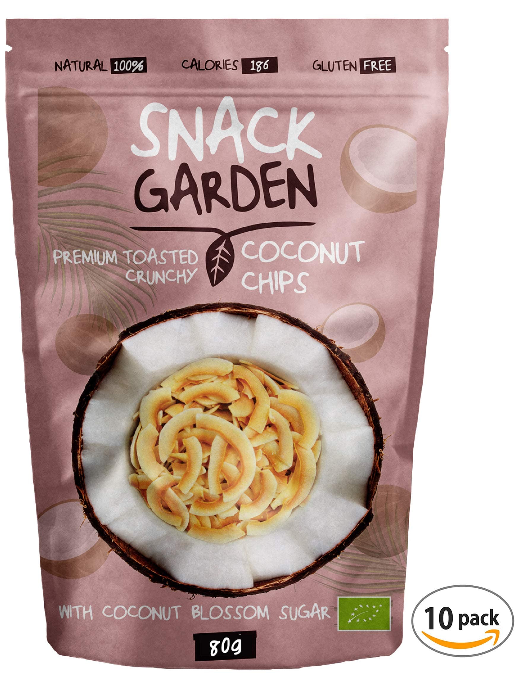 Snack Garden Premium Toasted Organic Coconut Chips with Coconut Blossom Sugar - 80g (Pack of 10)