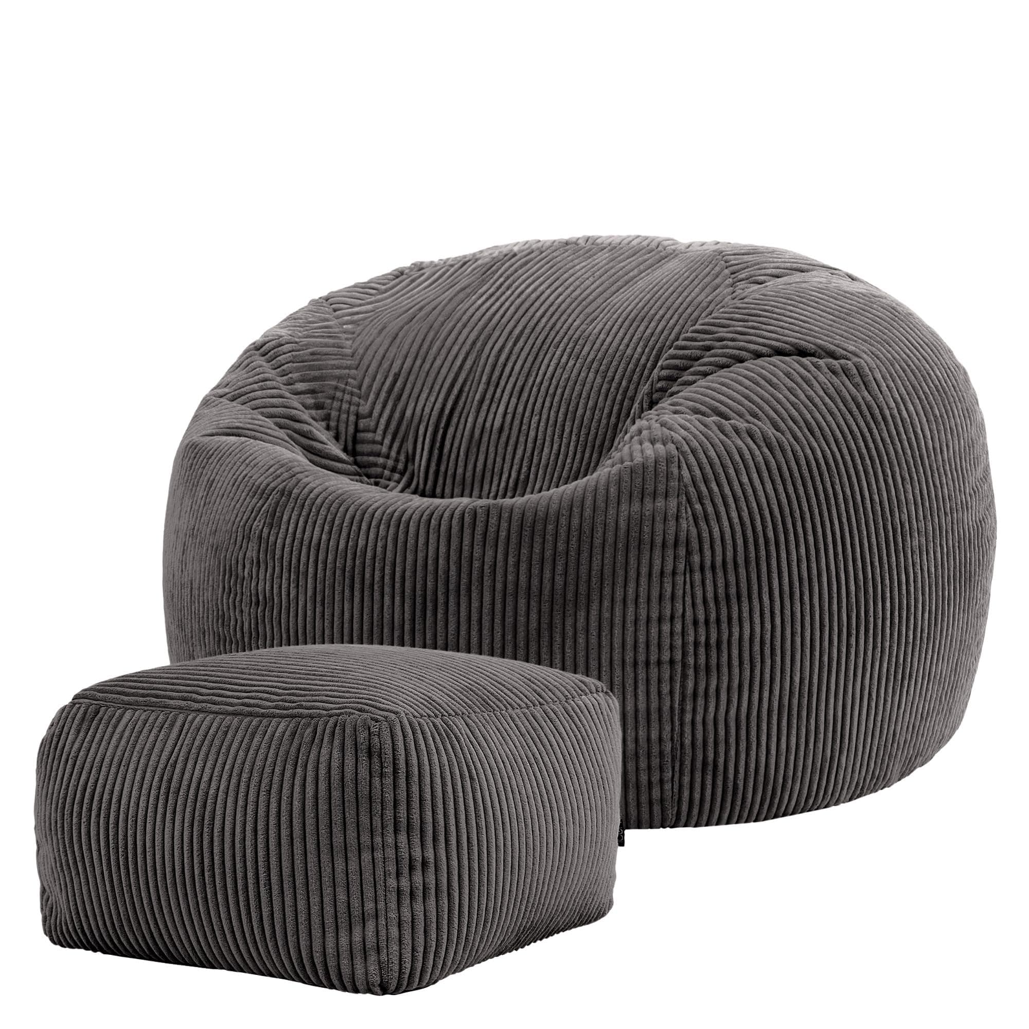 icon Kingston Cord Bean Bag with Footstool, Charcoal Grey, Large Adult Bean Bag Chair with Filling Included, Comfy Chair, Pouffe Footstool, Living Room Furniture, Bedroom Furniture