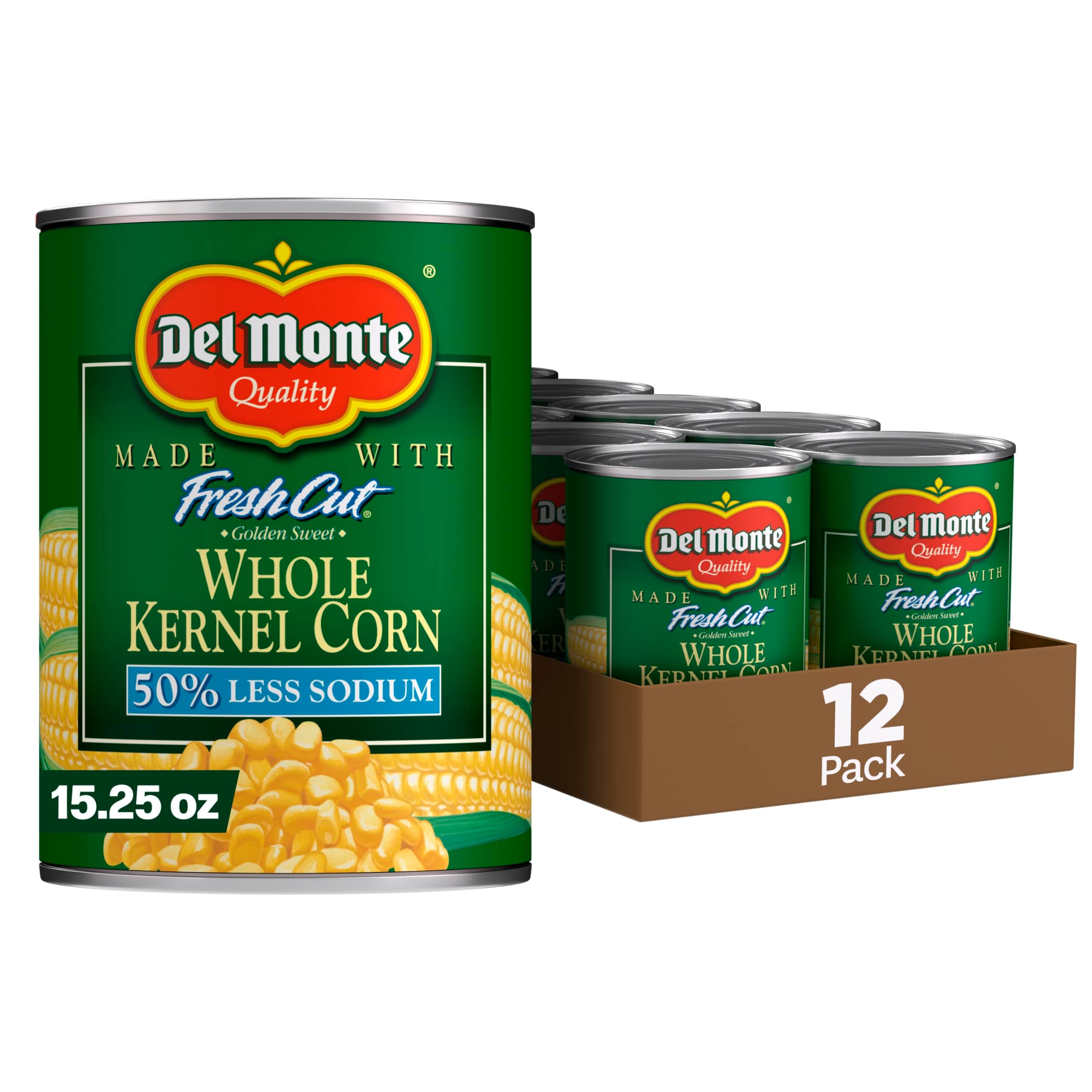 FRESH CUT 50% Reduced Sodium Golden Sweet Whole Kernel Corn, Canned Vegetables, 12 Pack, 15.25 oz Can