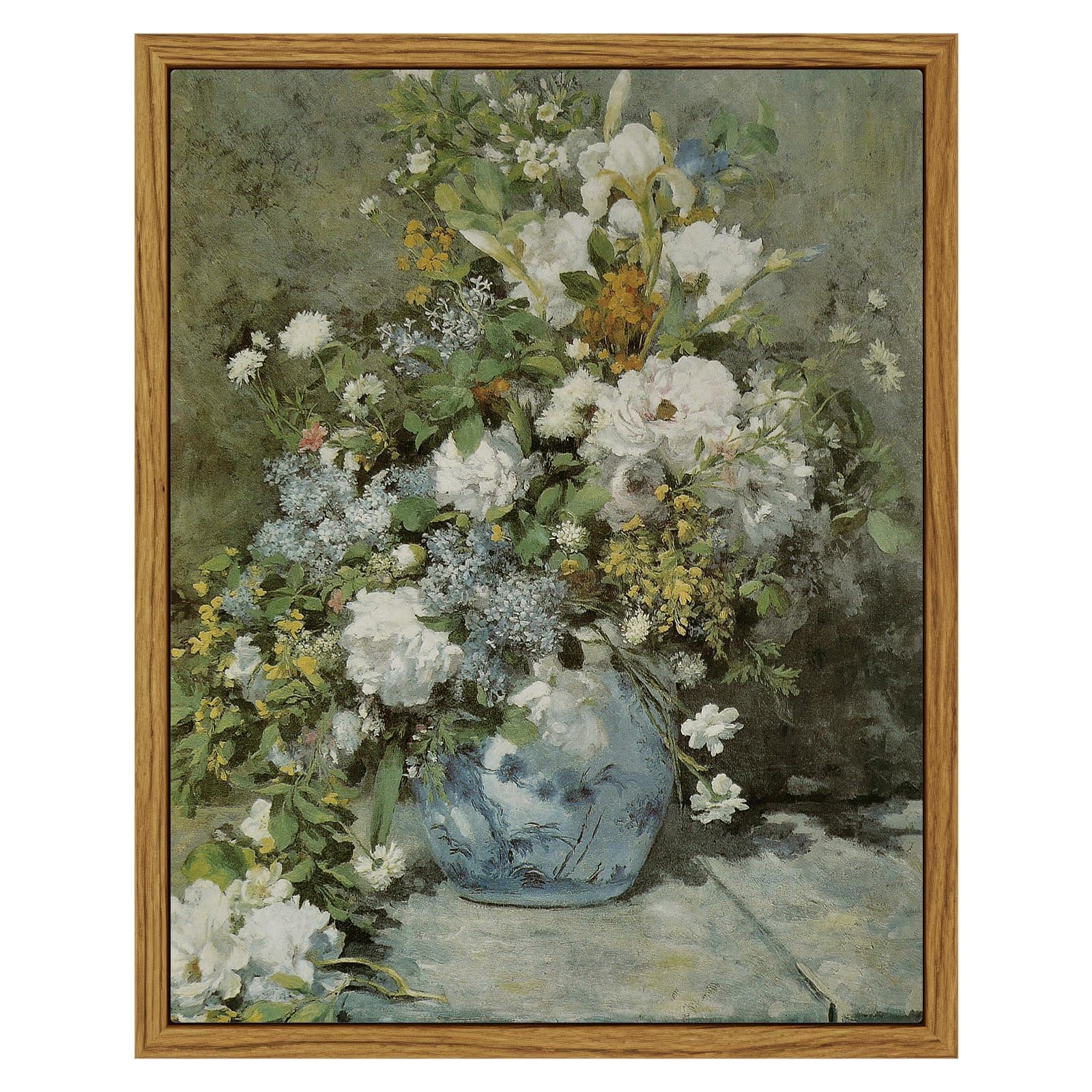 ARPEOTCY Framed Canvas Floral Wall Art Print, Vintage French Flower Spring Botanical Wall Art Home Decor, Ceramic Vase Floral Oil Painting for Living Room, Bedroom, Office Shelf Decor, 8x10 inch