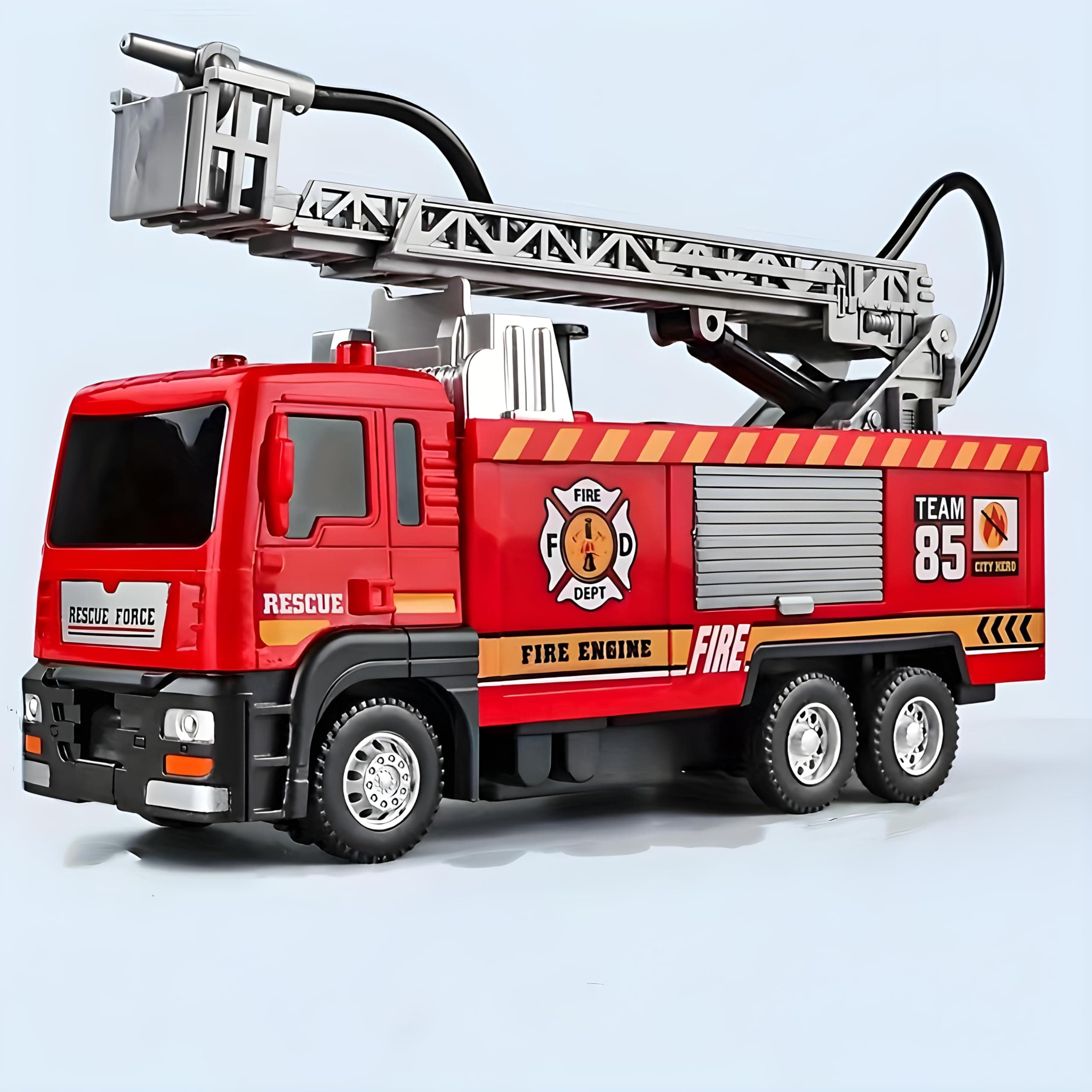 Die Cast Fire Truck Toy with Water Pump, Extending Ladder, Lights & Siren, Openable Doors – Firefighter Fire Engine Rescue Truck Toy for Kids