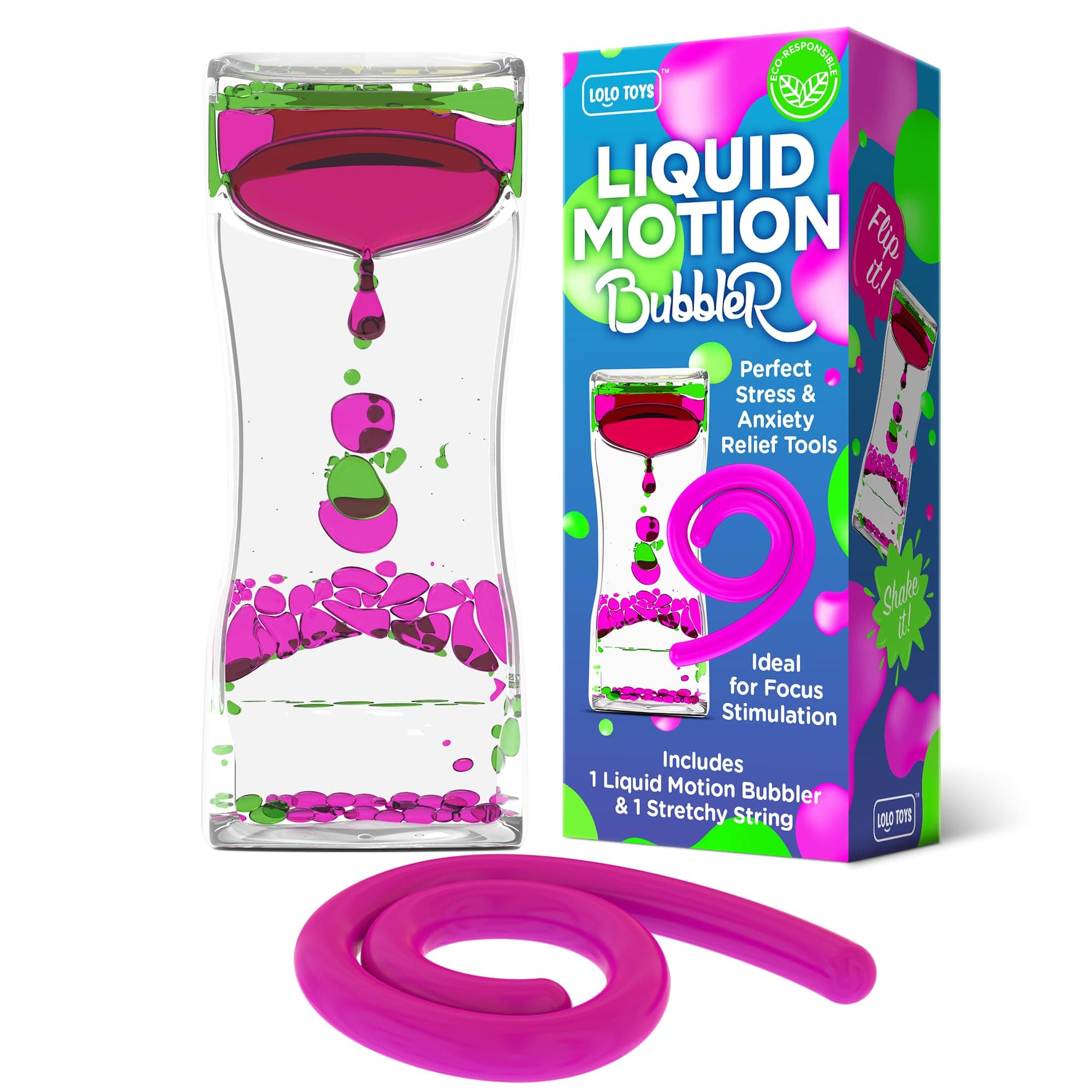 Liquid Motion Bubbler Sensory Toys – 2 Pc Set Bundle Stretchy String Fidget Toys Timer for Stress Relief and Anxiety Relief, Water Oil Toy for Hyperactivity Relaxation figit Fuchsia