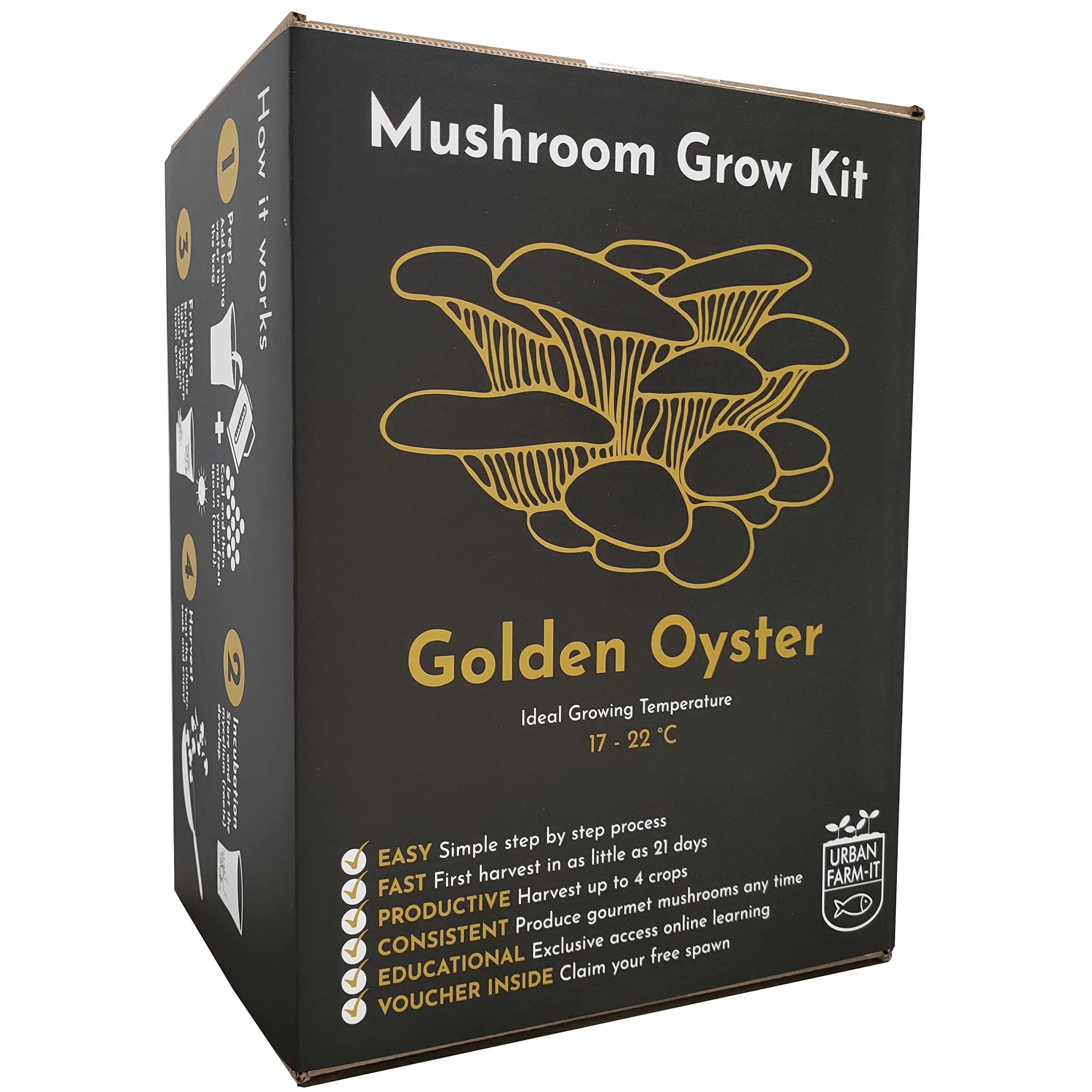 Urban Farm-It Mushroom Growing Kit (XL Gold) | Gardening Gifts for Women, Men & Kids | with Voucher to Claim Living Spawn Separately for Better Yield | Fun, Easy to Use & Delicious to Eat