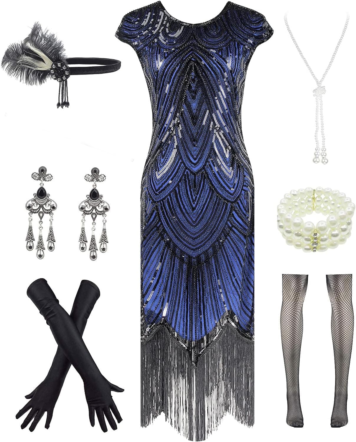 Letter Love Womens Vintage Lace Fringed Gatsby 1920s Cocktail Dress with 20s Accessories Set