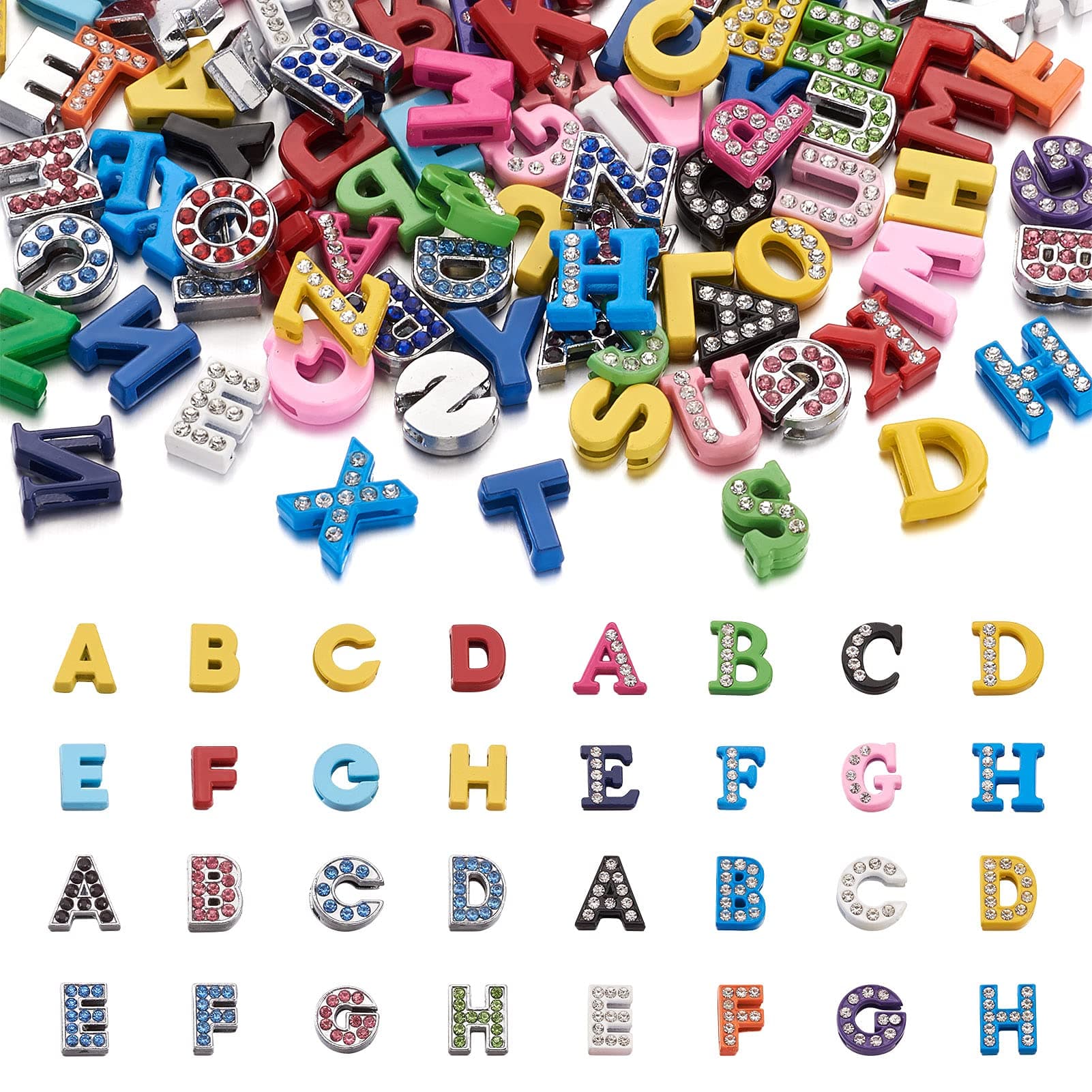 Fashewelry 104Pcs Colorful Letter A-Z Rhinestone Slide Charms 12mm Solid Metal Alloy Alphabet Slider Beads for DIY Necklace Choker Wristband Bracelet Jewelry Crafts Making, 8mm Flat Hole