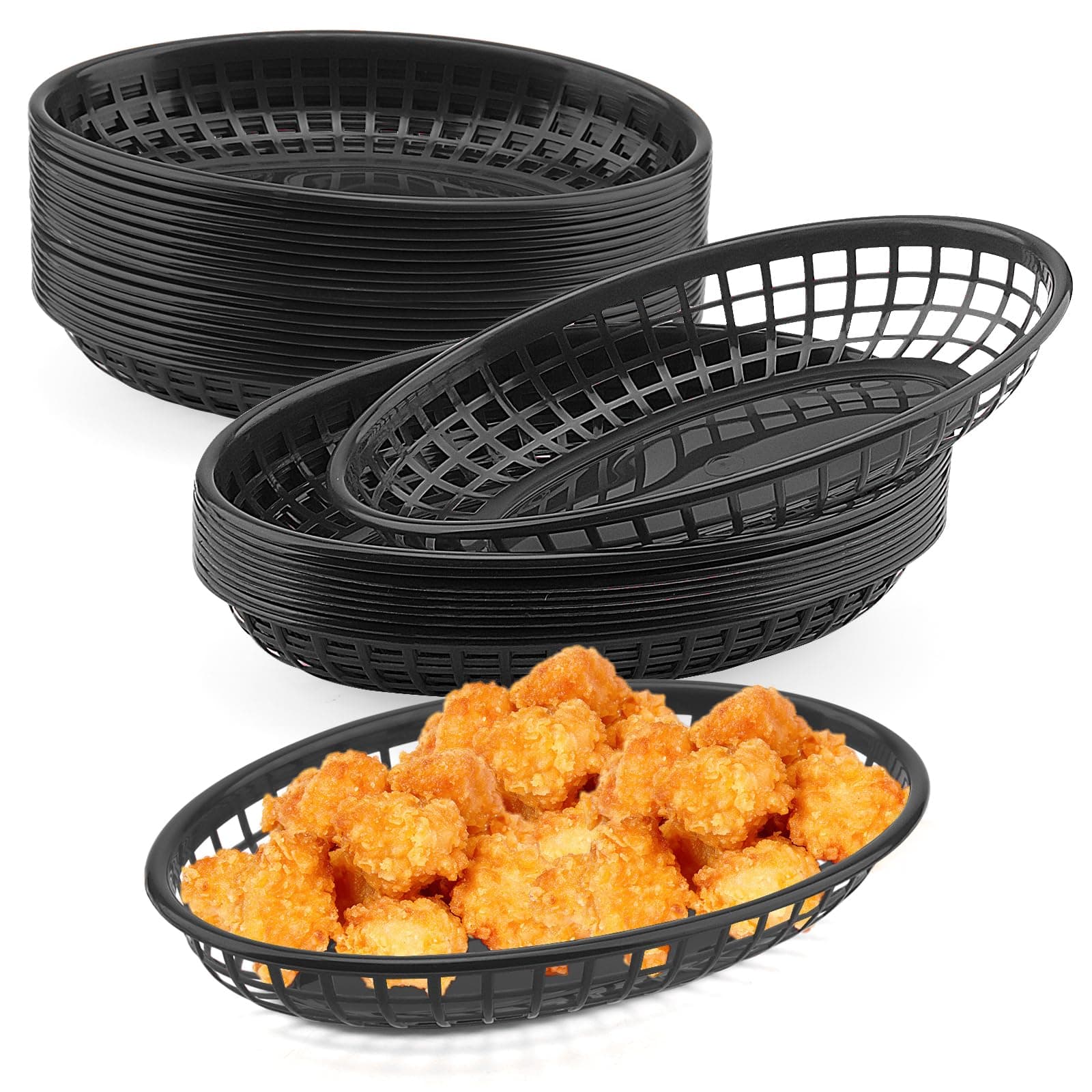 40 PCS Black Plastic Fast Food Basket, 23 x 14 x 4cm Oval Fast Food Baskets, Plastic Food Serving Baskets for Chip Sandwiches Burgers