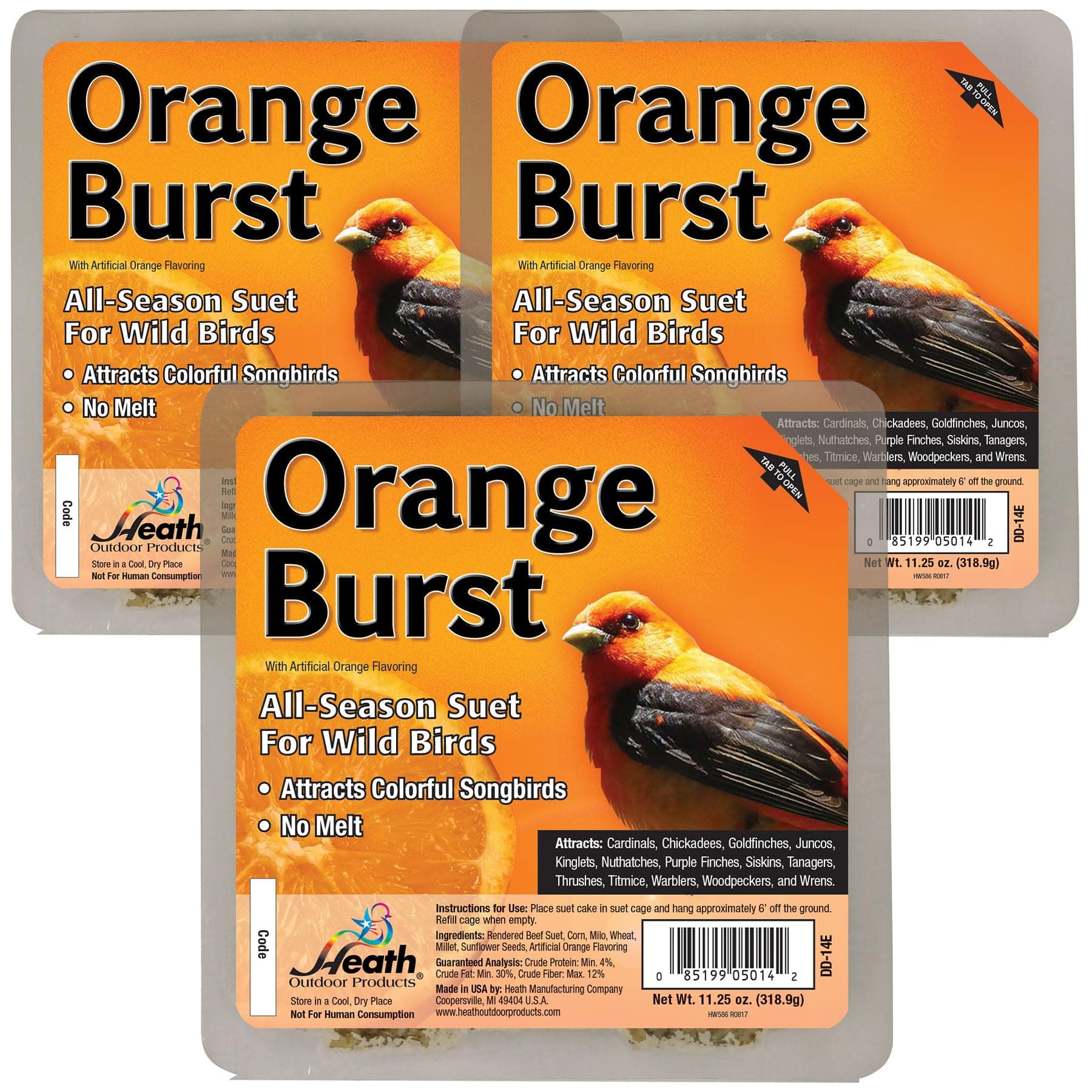 Heath Orange Burst Suet Cakes Sample Pack, Contains 3 Suet Cakes, Try It, Your Birds Will Love it, for Woodpeckers, Cardinals, Siskins, Sparrows, Finchs & Many More Wild Bird Species