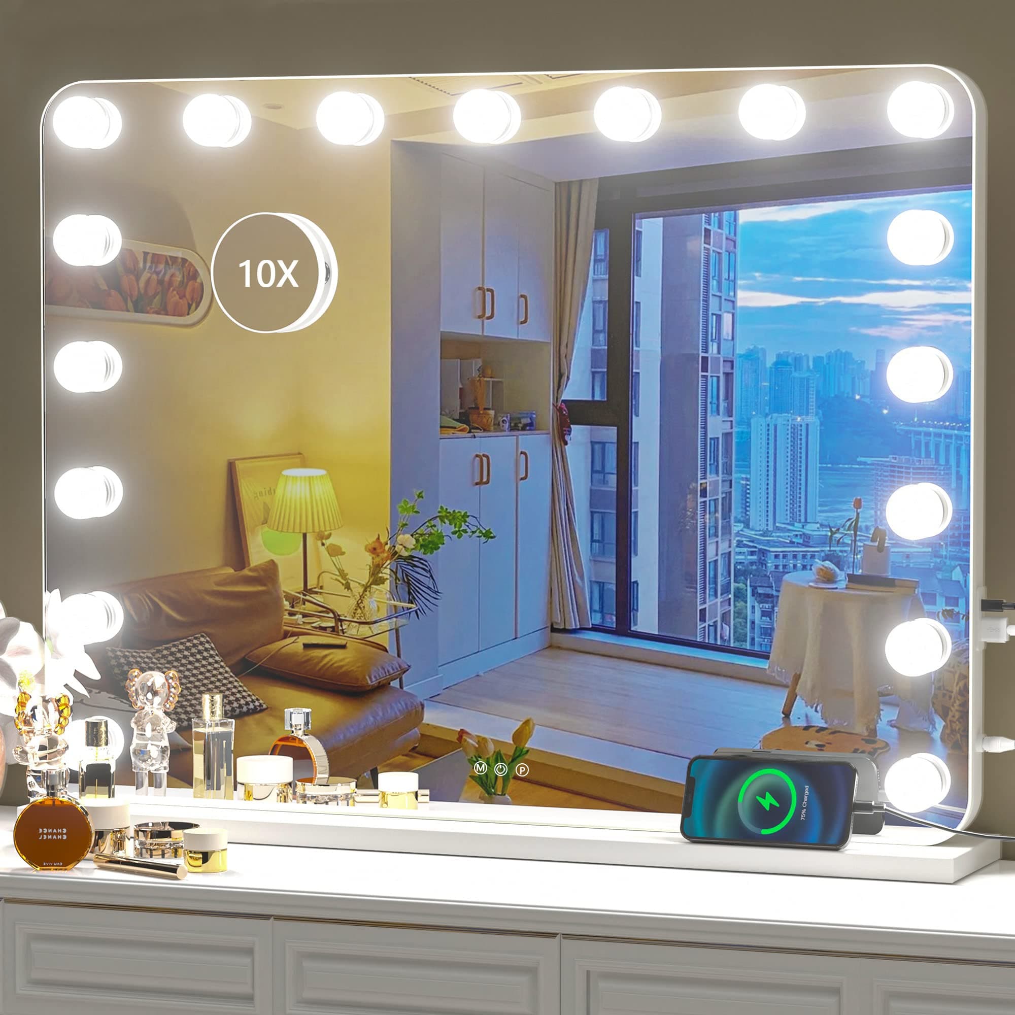 HasipuVanity Mirror with Lights, 80L x 60Wcm Hollywood Mirror, Makeup Mirrors with 17 Dimmable Bulbs and 10X Magnification, 3 Colors Modes, Touch Control, USB Charging Port, Type-C, White