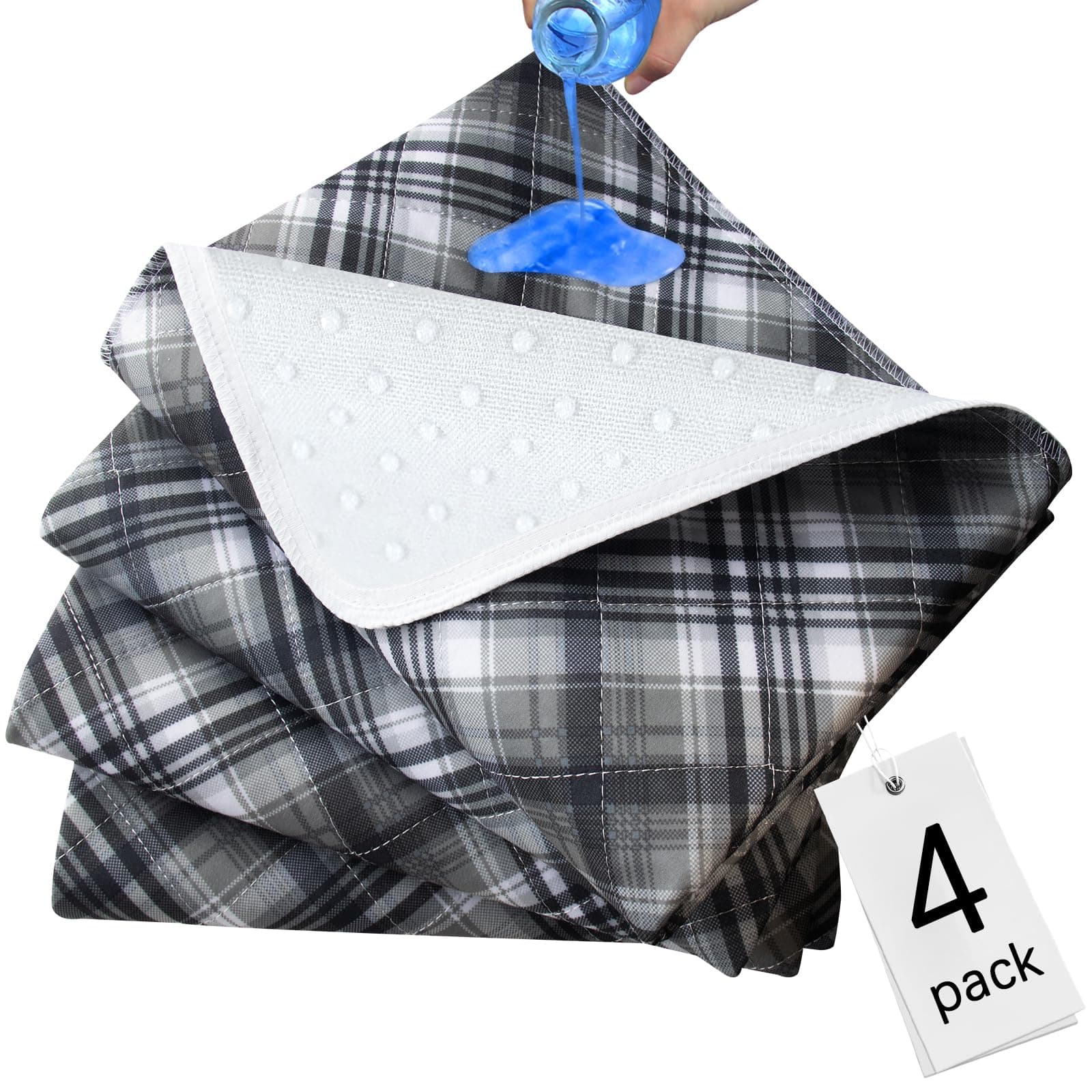 Washable Waterproof Incontinence Bed Pads - 34” x 36”(4 Pack) , Reusable Heavy Absorbency Underpads for Adults, Kids, Elderly and Pets, Bedwetting Pads for Sofa and Couch, Plaid