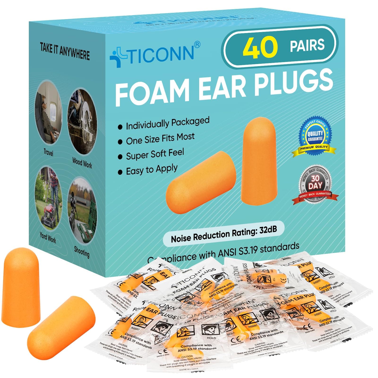 TICONN40 Pairs Ear Plugs, 32dB Noise Reduction Earplugs for Sleeping Hearing Protection Travel Study Concentration Construction Site (40 Pairs)