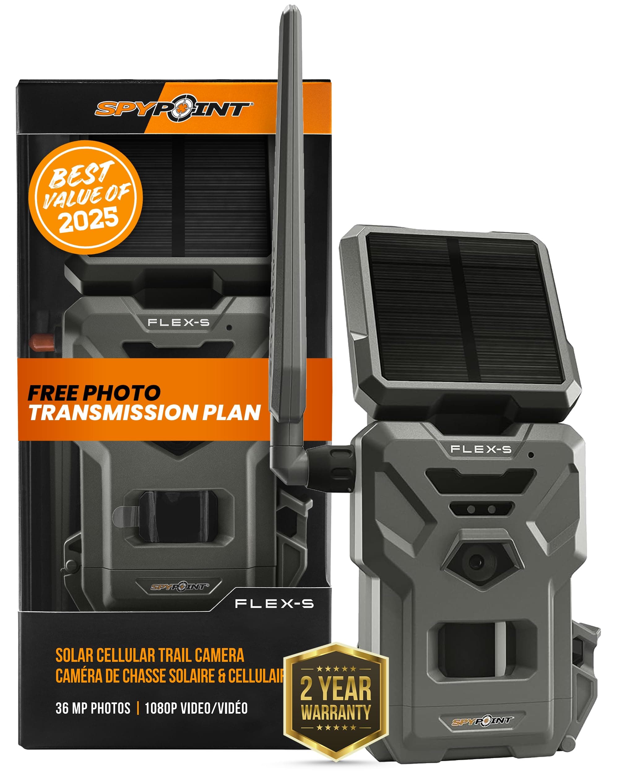 SPYPOINT Flex-S Solar Cellular Trail Camera, Integrated Solar Panel, On-Demand Capable, LTE Connectivity, Internal Battery, Optional Battery Backup