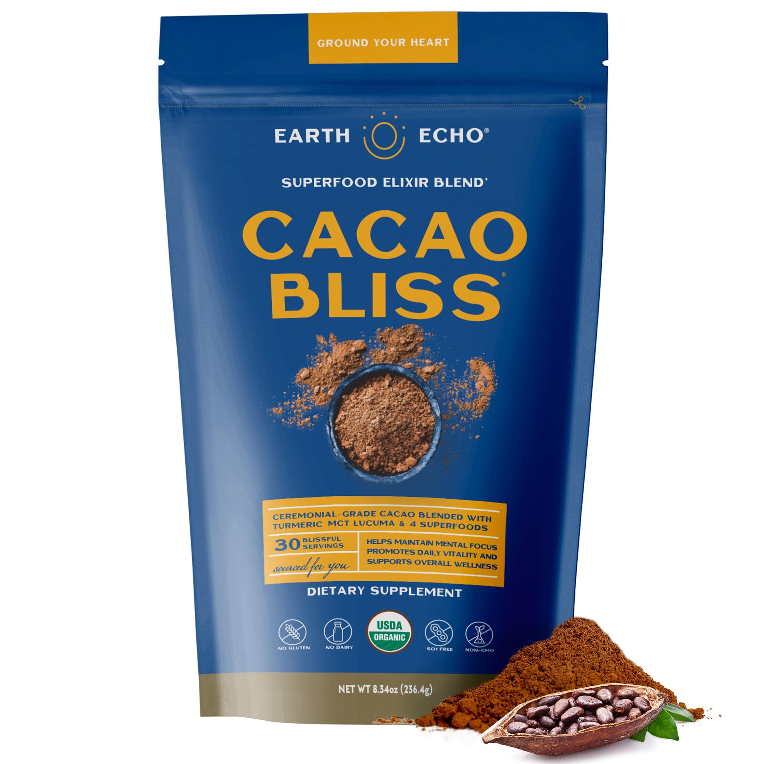 Earth Echo Cacao Bliss - Ceremonial Grade Organic Raw Cacao Powder with MCT Oil & Turmeric - Supports Energy Boost, Mindful Snacking & Focus - Unsweetened, Vegan, GMO & Gluten-Free, 30 Servings