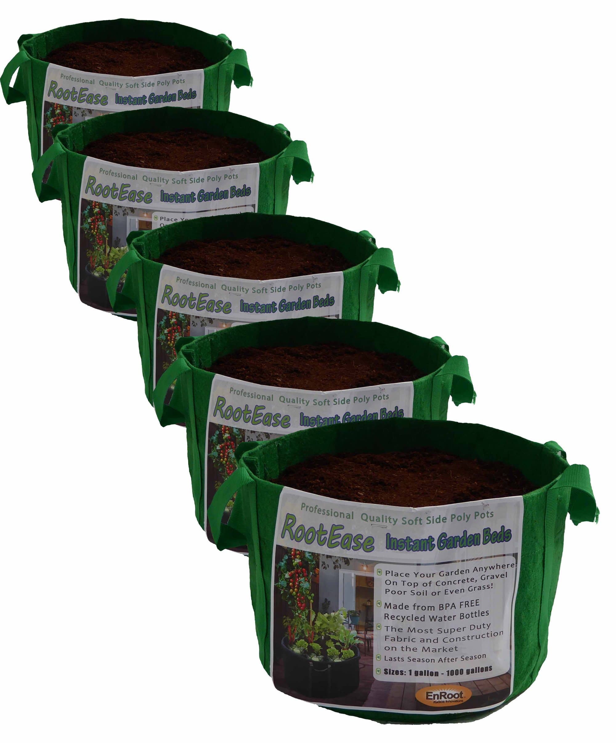 - RootEase 5-Pack Garden Planting Fabric Pot, Heavy Duty Durable Grow Bags/Planter, Raised Bed Gardening, Eco-Friendly Grow Bags with Handles (5 Gallon, Green)