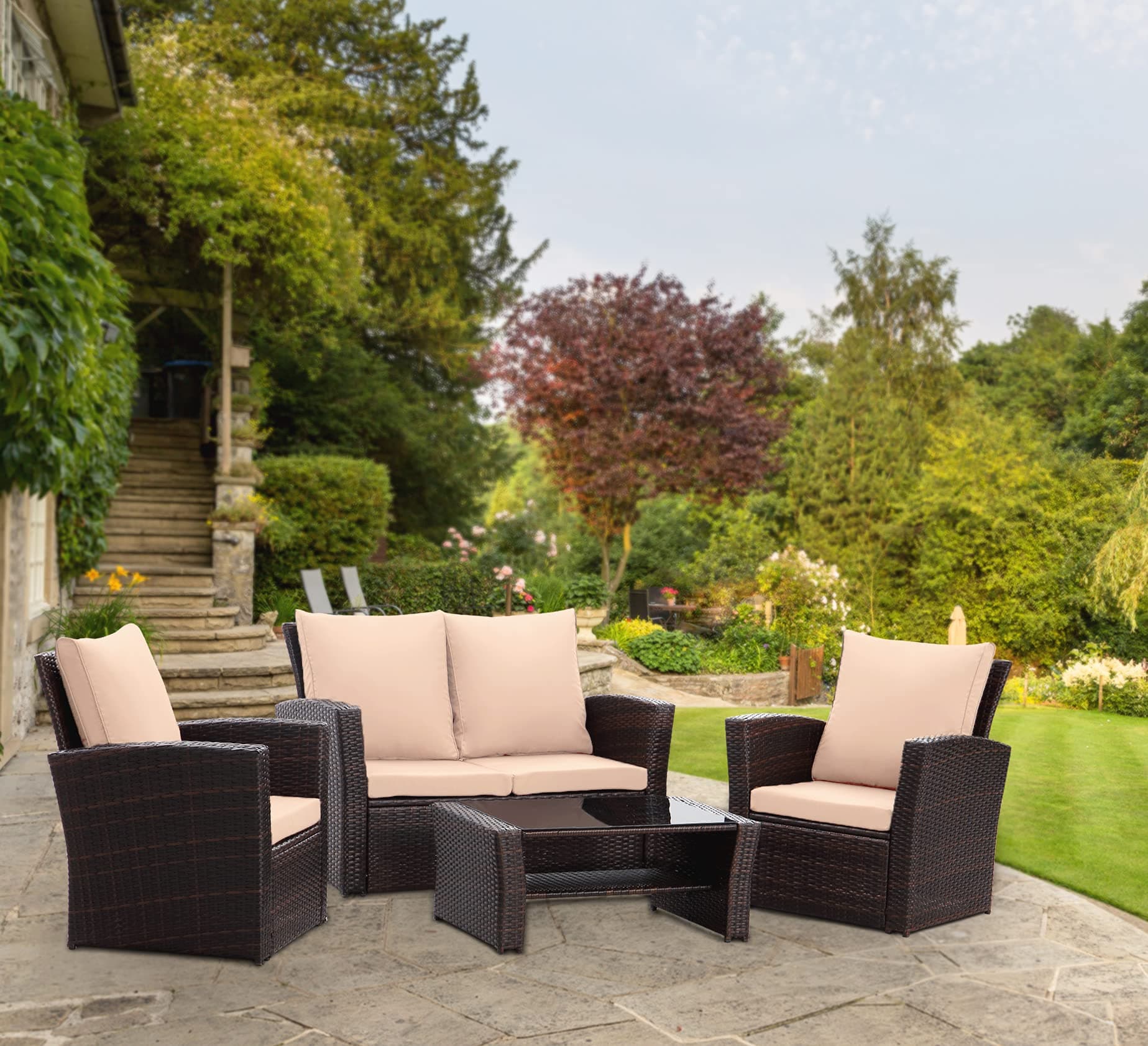 GOODS EMPORIUM 4 Seater Rattan Garden Furniture Set - Outdoor, Patio furniture, Conservatory Sofa sets - RAIN COVER INCLUDED (Dark Brown with Rising Table)