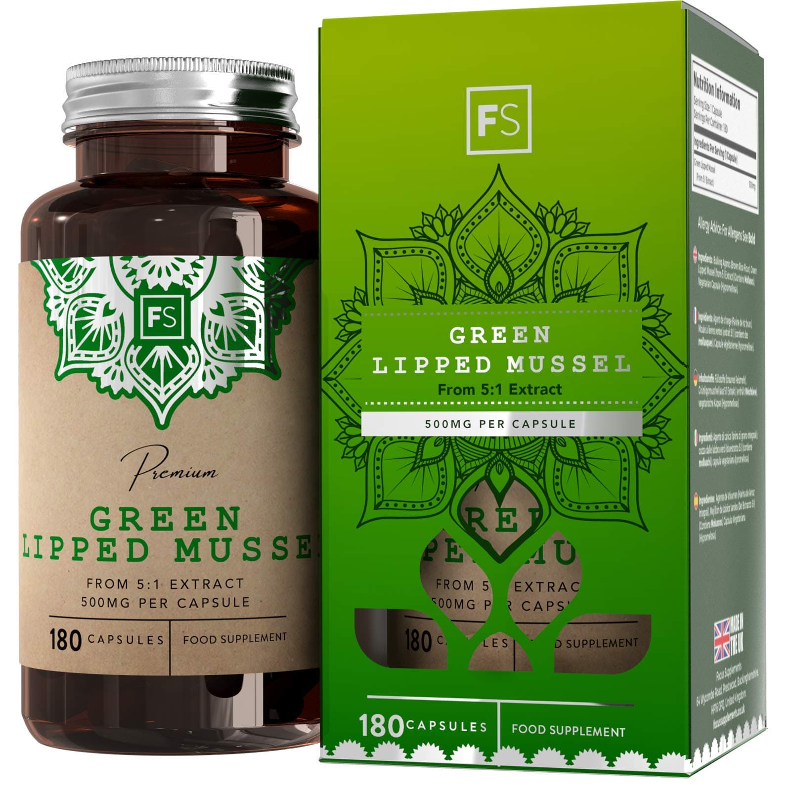 FS Green Lipped Mussel Supplement | Joint Care Supplement 500mg Per Serving | 180 Capsules (5:1) Extract | Non-GMO, Gluten & Dairy Free | Manufactured in The UK in ISO Licensed Facilities