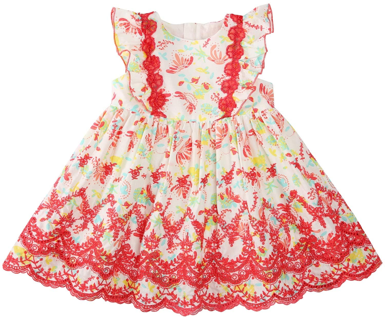 Girls Sleeveless Dress, Children Dress for Flower Lace Rose Embroidery Cotton Ruffle Design Swing Party Dresses