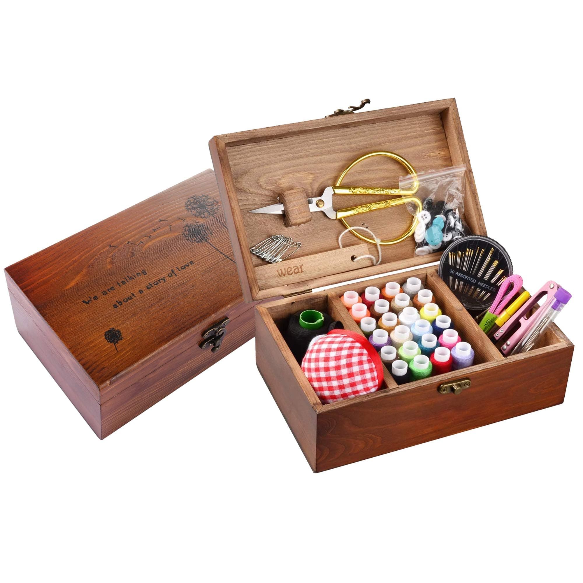Sewing Kit, Wooden Sewing Kit Box for Adults, Wooden Sewing Basket with Accessories, Home Sewing Basket Stitching Repair Kit for Beginner, Women, Men,Vintage Embroidery Scissors Kit (Retro Brown)