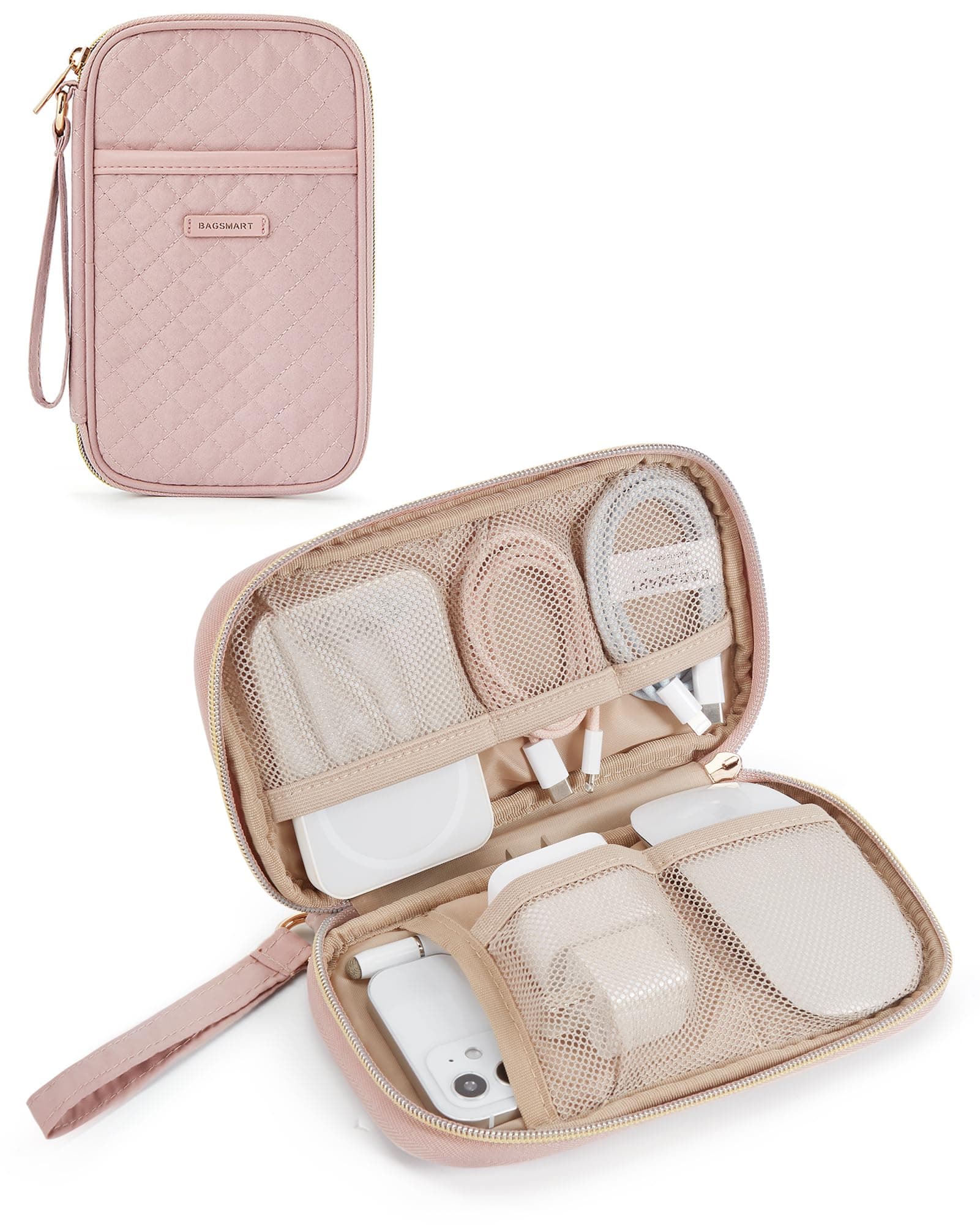 Cord Organizer Travel Cable Organizer Bag Tech Electronic Organizer Travel Case, Travel Essentials for Charger, Cable, Phone, Flash drive, Single Layer - Pink