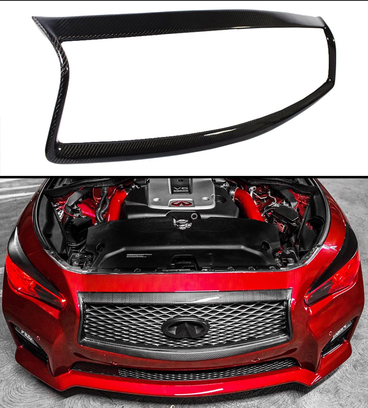 Fits for 2014-2017 Infiiti Q50 Carbon Fiber Front Grill Grille Outline Trim Add-on Cover Overlay