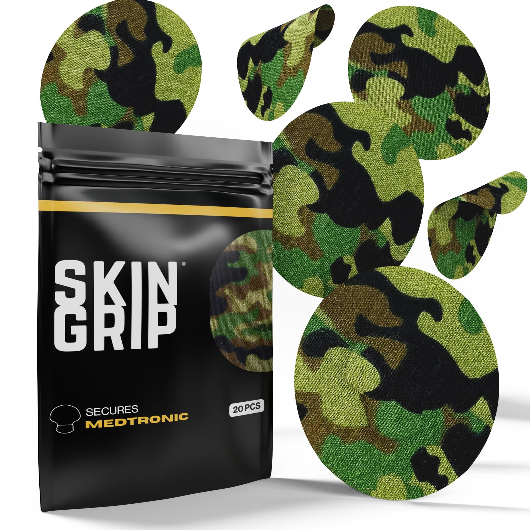 Skin Grip CGM Patches for Medtronic Guardian Sensor (20-Pack), Waterproof & Sweatproof for 10-14 Days, Pre-Cut Adhesive Tape, Continuous Glucose Monitor Protection(Camo)