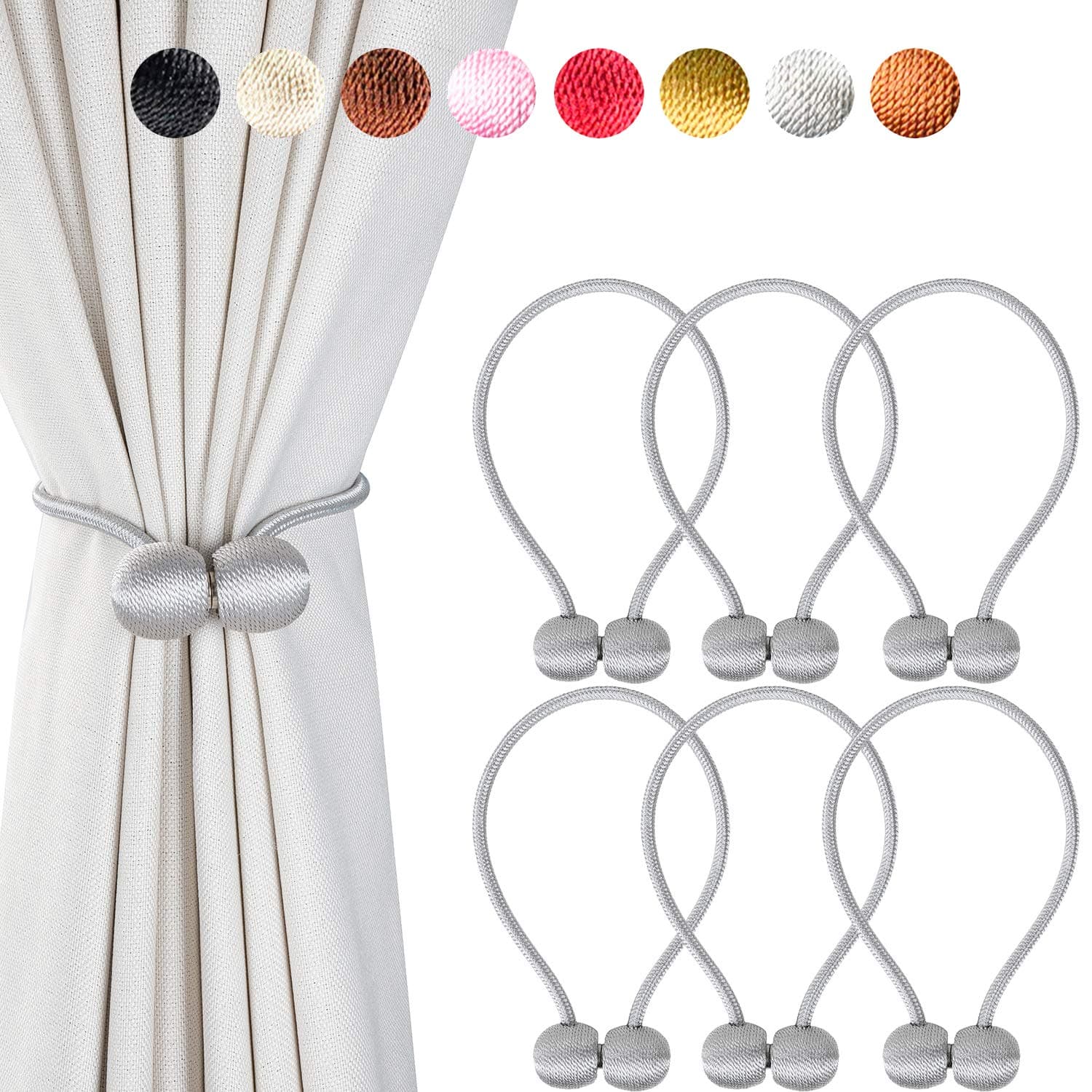 Curtain Tiebacks, Magnetic Curtain Buckle - 6 Pack 16 Inch Strong Magnetic Window Clips Tie Band Backs Holders, European Style Simple Modern - 3 Pairs （ Gray ）