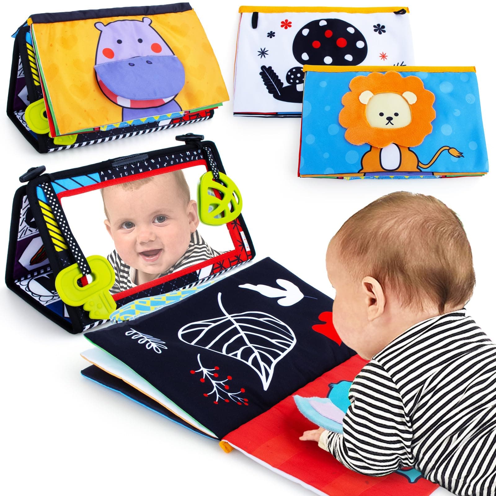 Tummy Time Sensory Toy Infant Toys Newborn High Contrast Development Toy with Crinkle Cloth Book & Teethers Strengthens Neck & Core, 2 3 4 5 0-6 Month Montessori Crawling & Visual Stimulation Toys