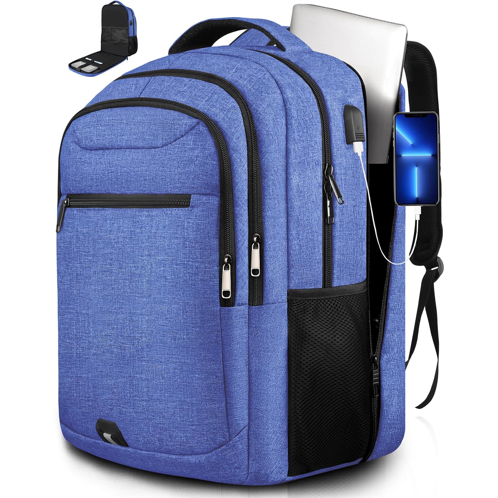 Z-MGKISSZ-MGKISS Travel Laptop Backpack for Men, 17.3 Inch Water Resistant Computer Bag with USB Port, Teacher College Anti Theft Weekender Hiking Daypack, Blue