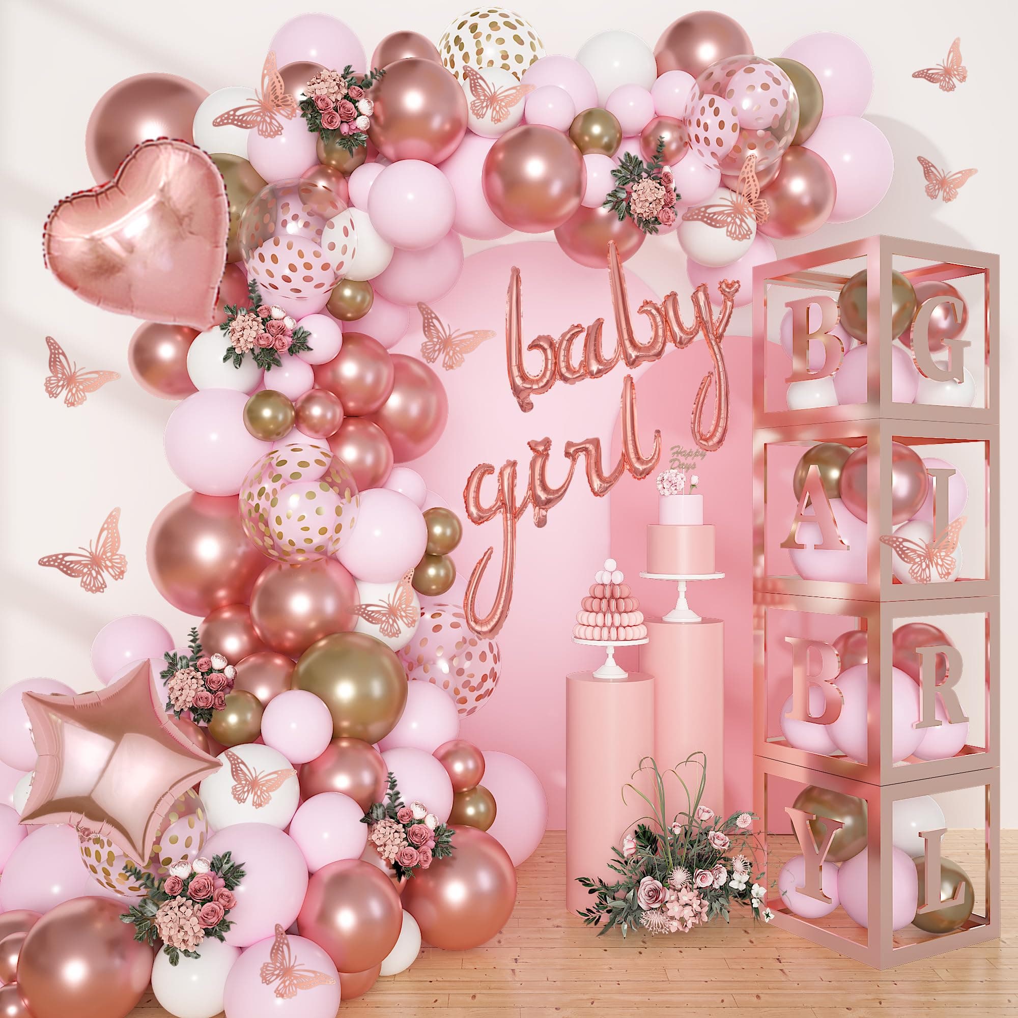 Amandir 134pcs Rose Gold Balloons Baby Shower Decorations for Girl Boxes, Butterfly Stickers Balloon Garland Arch Kit Baby Box with Letter (A-Z+Baby) for Women Birthday Bridal Party Decoration