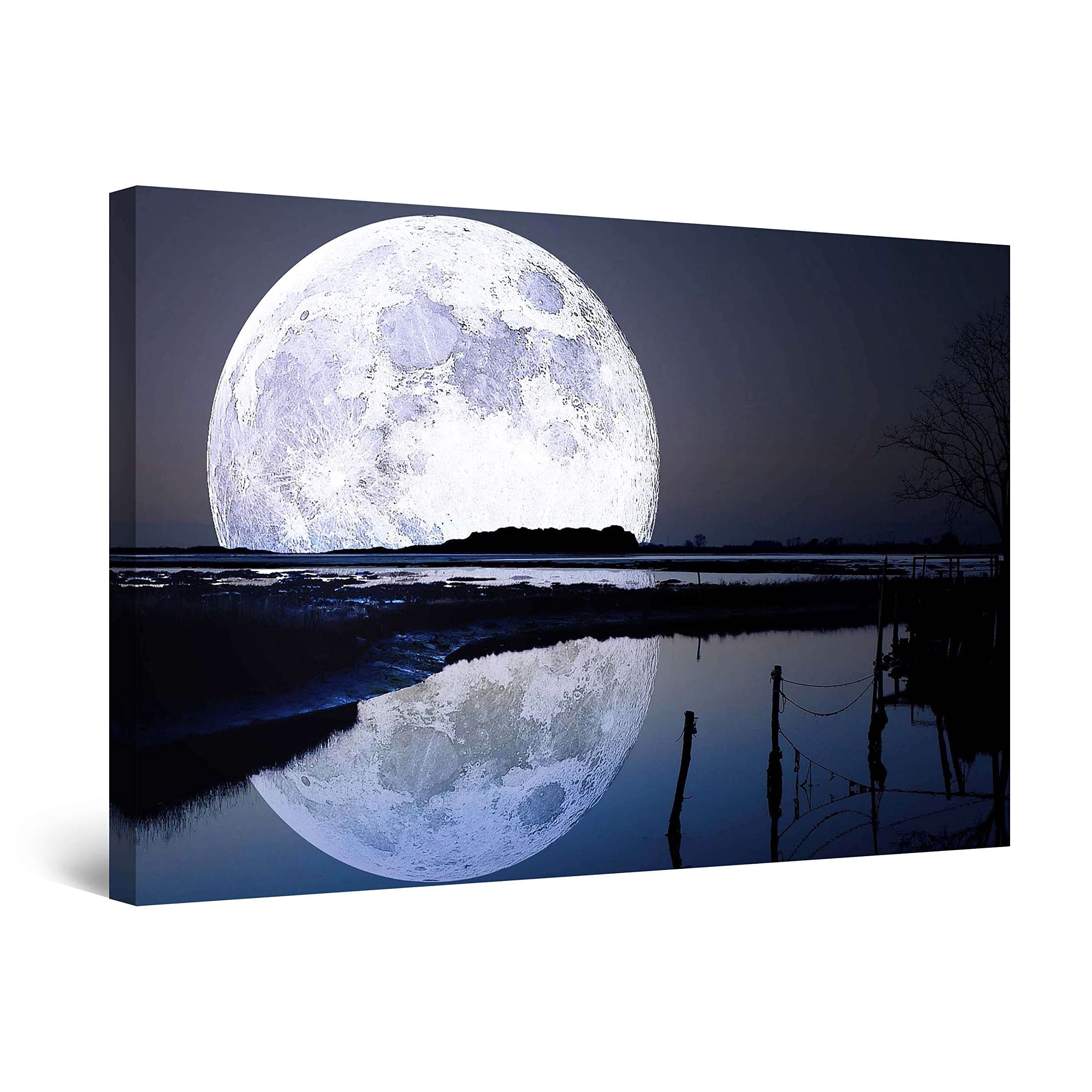 Canvas Wall Art - Full Moon Water Reflection, Sky Picture Stretched and Framed Photo Print, Modern Artwork for Bedroom or Living Room Office, Ready to Hang Home Decor 32" x 48"