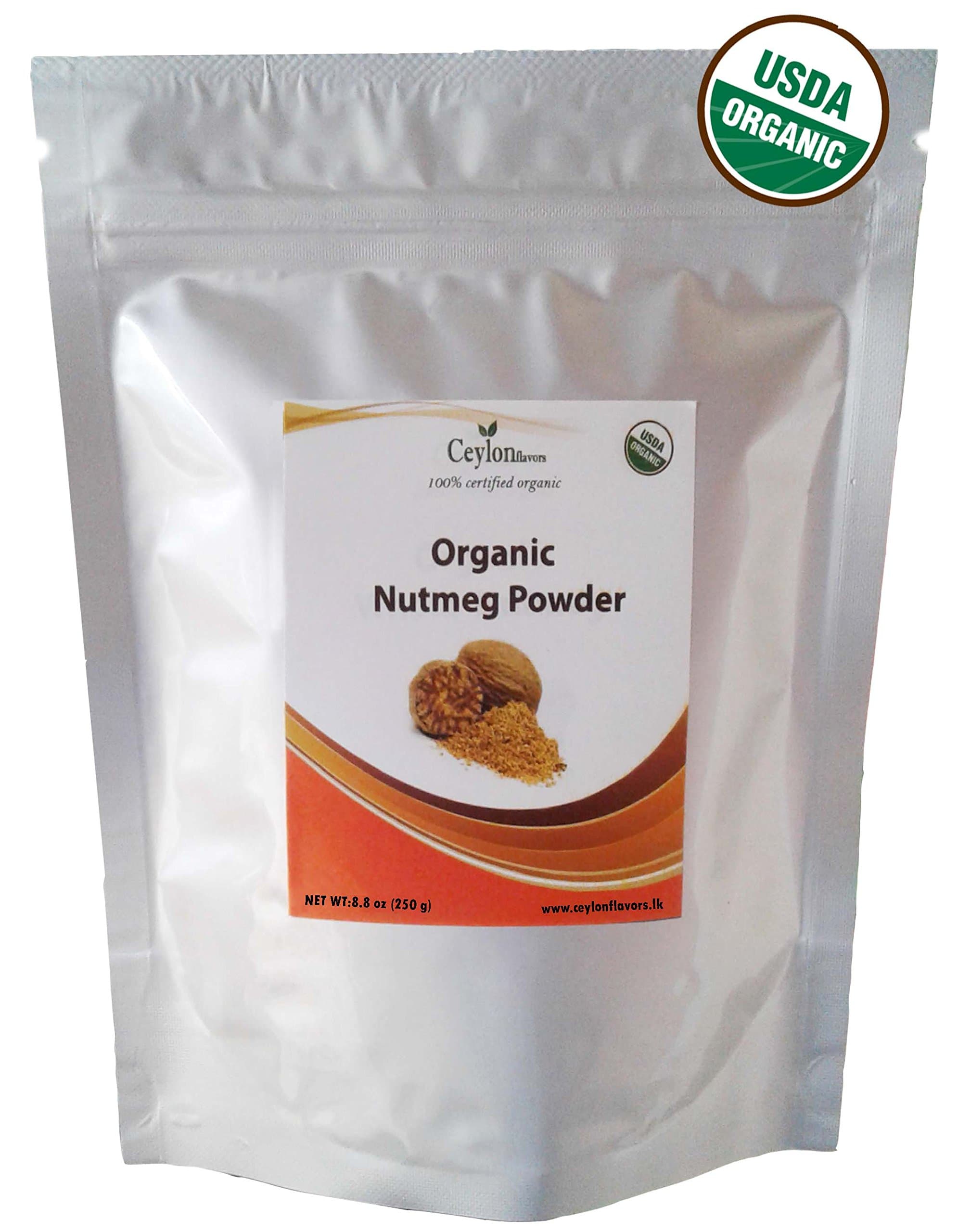 Organic Nutmeg Powder (8.8 oz), Premium Grade, Harvested & Packed from a USDA Certified Organic Farm in Sri Lanka (stand up resealable pouch)