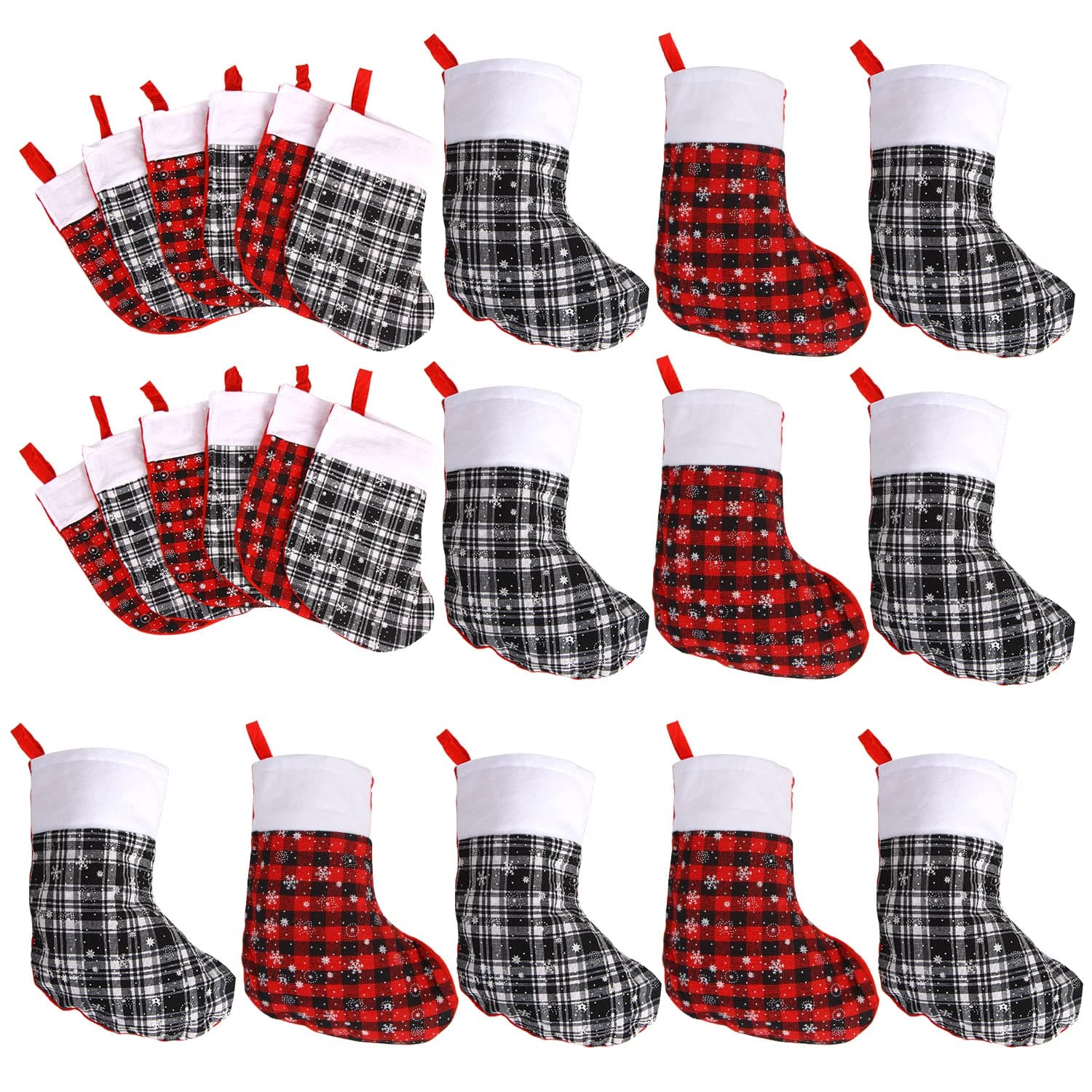 CCINEE 24pcs Christmas Mini Stockings, 9" Snowflakes Stocking Black White and Black Red Buffalo Plaid Christmas Stockings Fireplace Hanging Stockings for Family Holiday Xmas Party