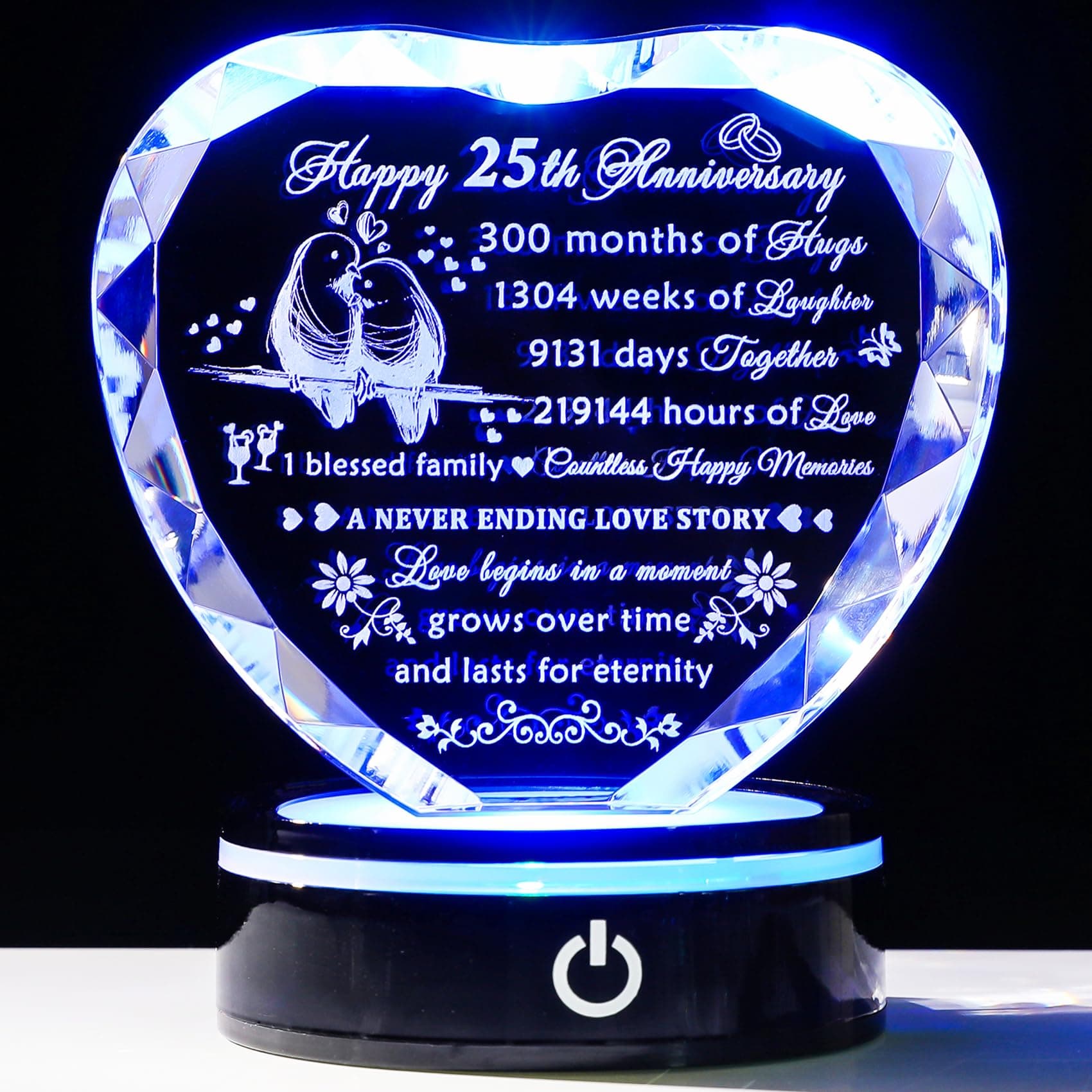 YWHL 25th Wedding Anniversary Crystal Heart Gifts for Couple Parents, Romantic 25 Year Anniversary Crystal Keepsake Gifts for Wife Husband with LED Base, 25 Years of Marriage Gifts for Her Him