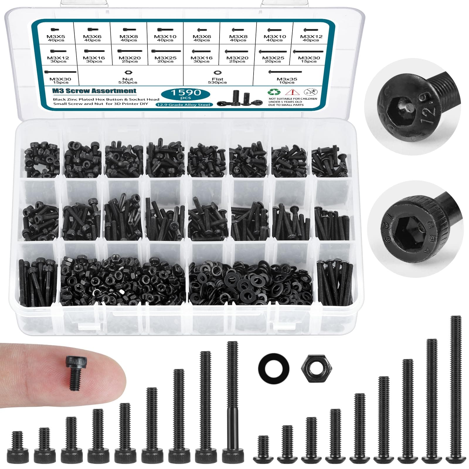 SATANTECH 1590Pcs M3 Screw Kit - Assorted Black M3 Button & Socket Head Screws, Internal Hex Screws & Bolts & Nuts