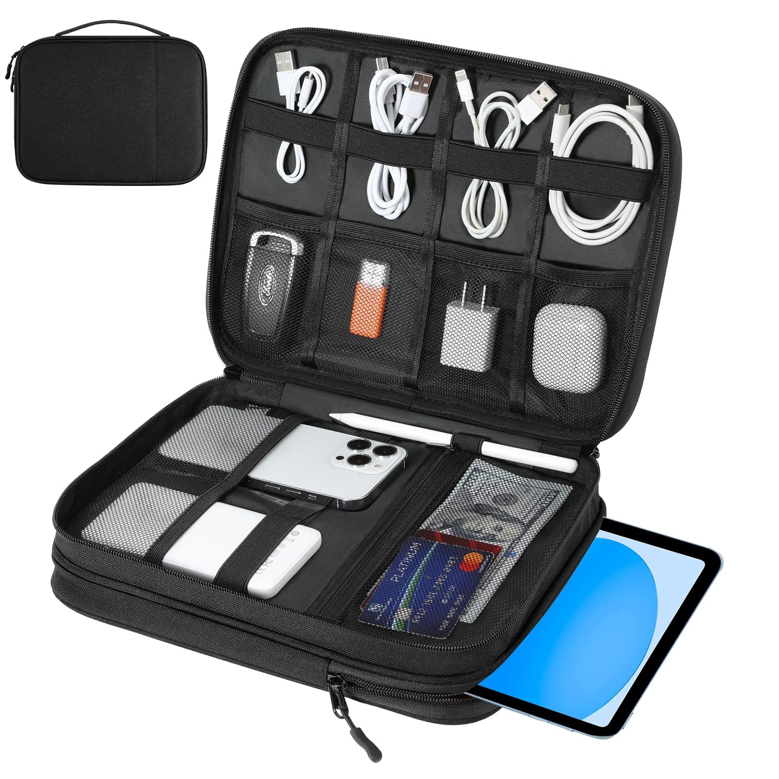 – Dadanism Electronics Travel Organizer Case, Double Layers Cord Organizer Travel All-in-One Storage Bag for Cable, Cord, iPad, Chargers, fits 9-11'' Tablets, Portable Tech Accessories Bag, Black
