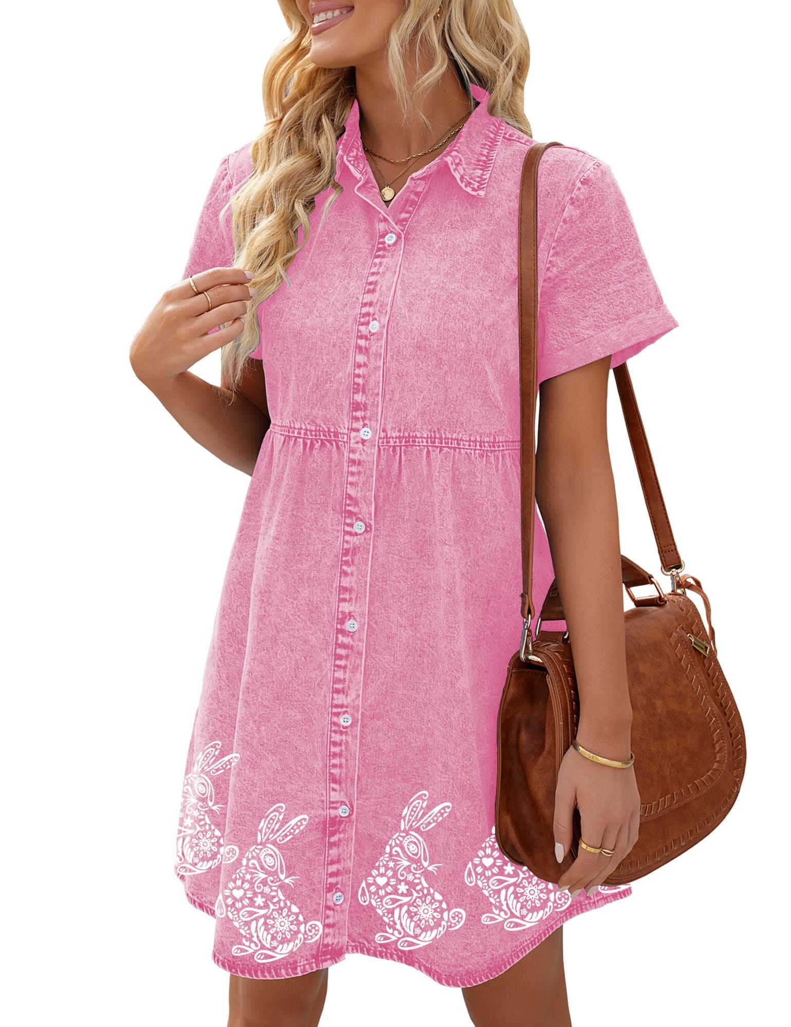 LookbookStoreWomen's Short Sleeve Button Down Flowy Tiered Babydoll Denim Dress