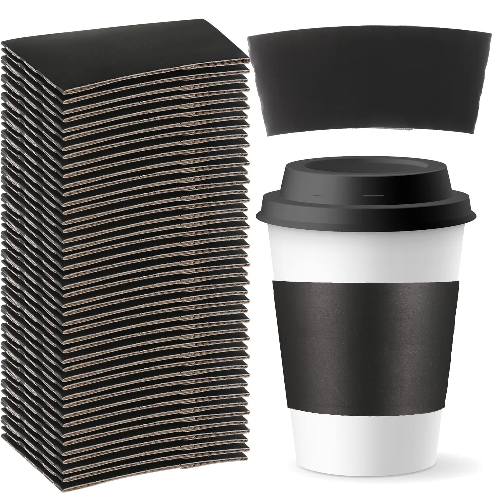 Sabary 50 Pcs Coffee Sleeves Disposable Corrugated Kraft Paper Cup Sleeve Holder Protective Insulated Heat Espresso Coffee Cup Holder Fits 12, 16, 20, 22, 24 oz Hot Cold Drinks Cups(Black)