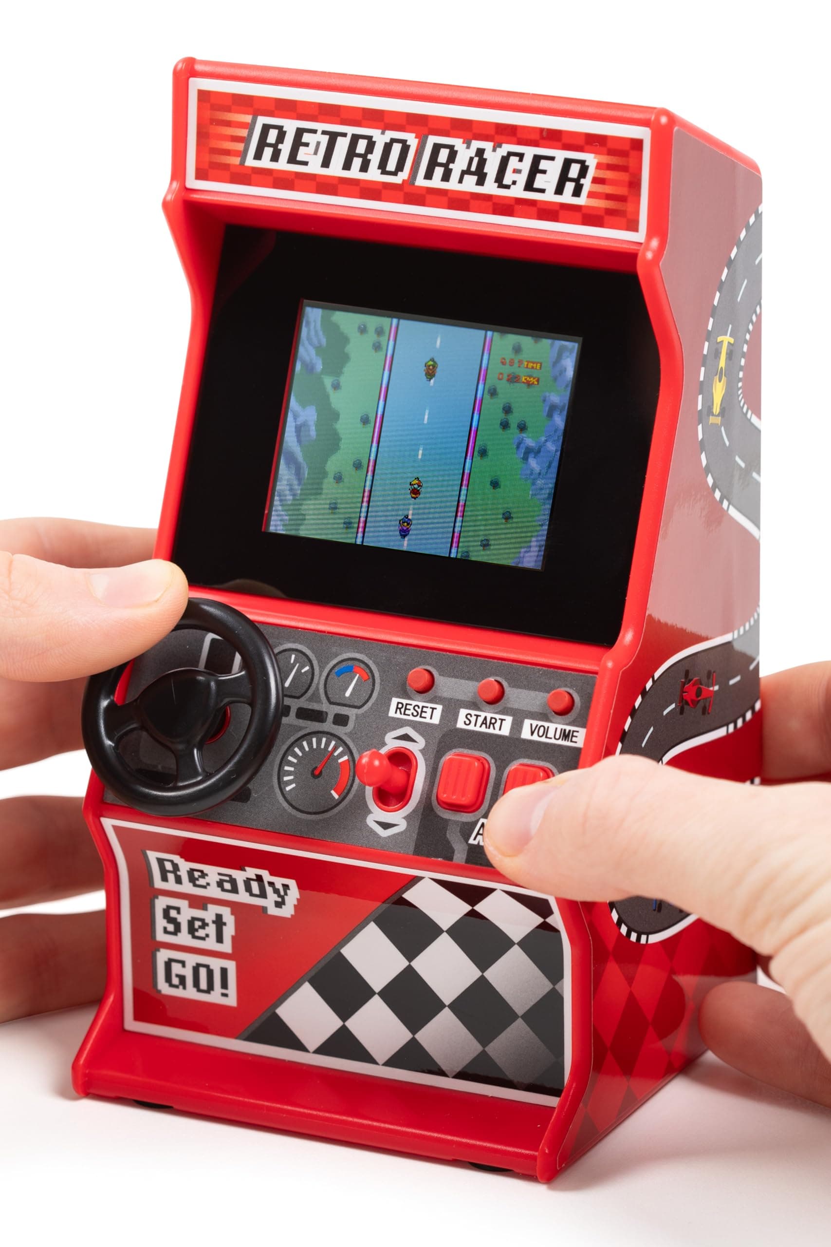 Orb - Mini Arcade Racing Machine: Handheld Console with 30 Pre-Loaded 8-Bit Games, 2.4" LCD Screen, Steering Wheel, Gear Stick, Control Buttons, Games Console