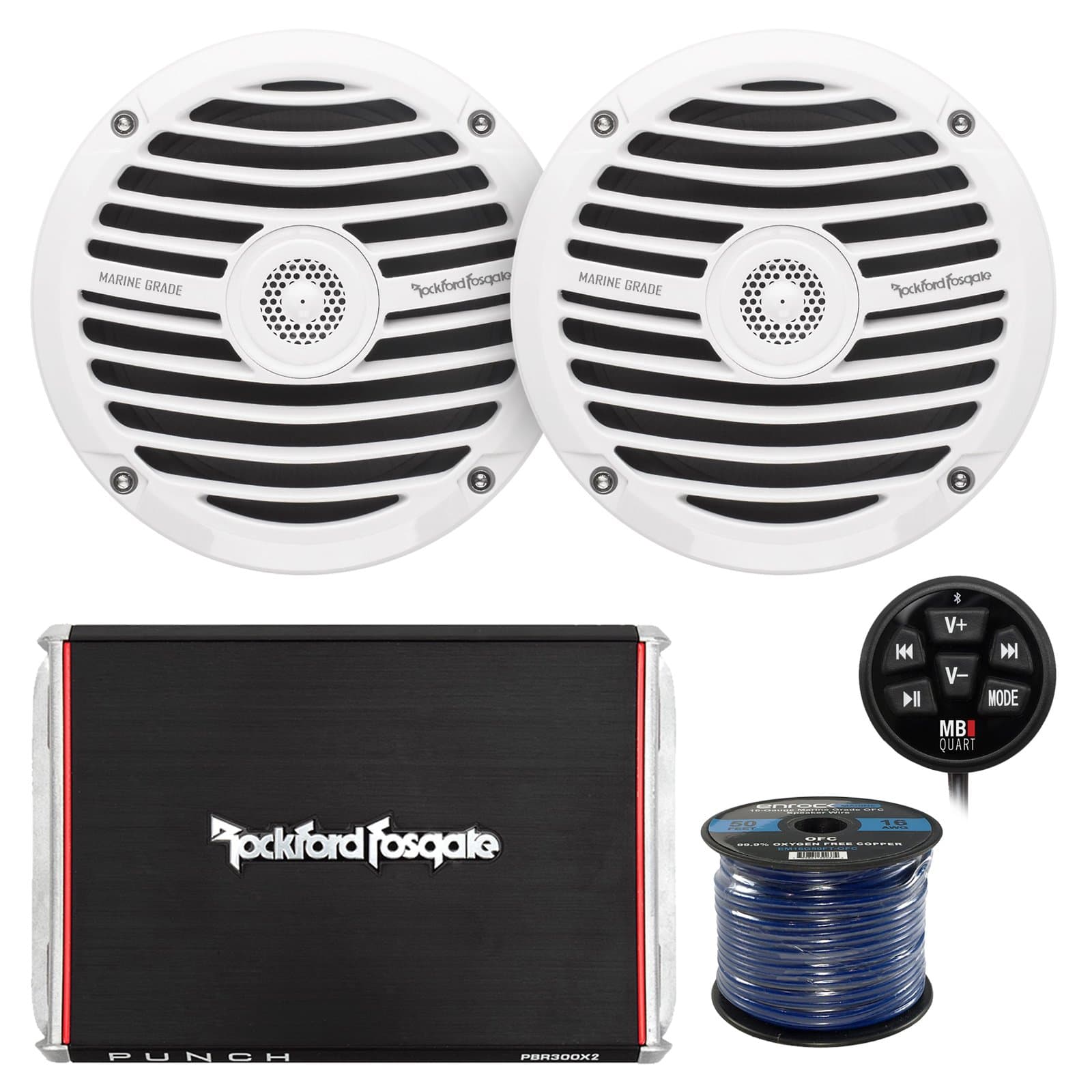 Marine Speaker and Amp Combo Of 2x Rockford Fosgate RM0652 6.5" Marine Audio Speakers Bundle W/ 300-Watt 2-Channel Boosted Rail Amplifier W/ Bluetooth Preamp Controller and 50 Foot 16-Gauge Speaker Wire (White)