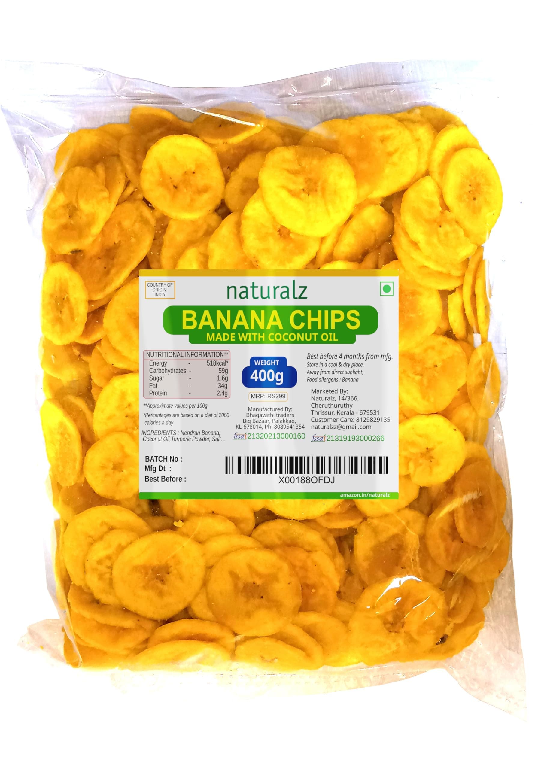 Naturalz Authentic Kerala Banana Chips (400g) | 2.2mm Perfect Crunch Slices | Fried in Pure Coconut Oil | High Energy Nendran Bananas | Low Breakage