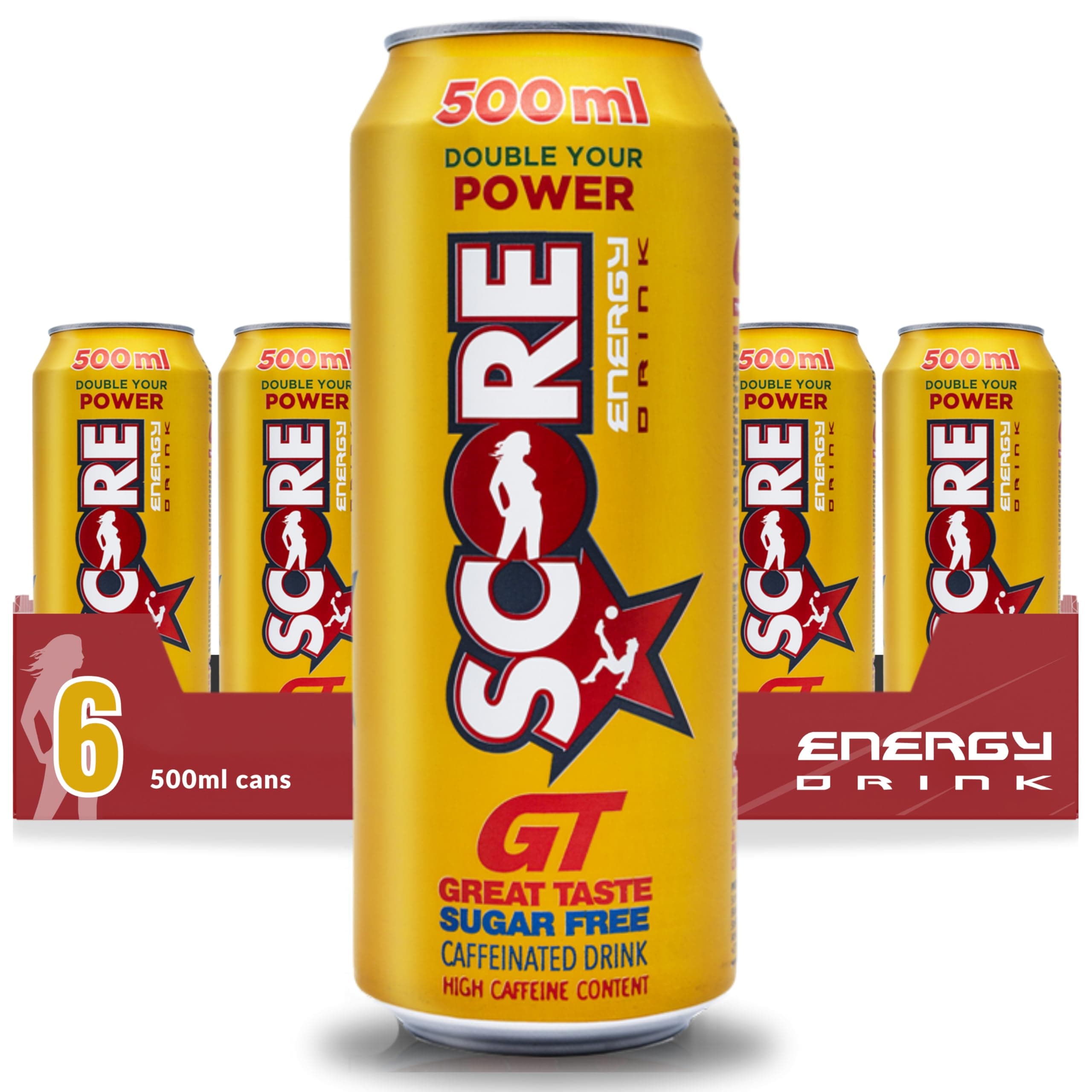 Score GT Sugar Free Energy Drink (6 x 500ml) Double Shot 160mg High Caffeine Strength with Sparkling Guarana Flavour and Zero Taurine and No Added Sugar, Rich in Vitamins B3, B5, B6, & B12
