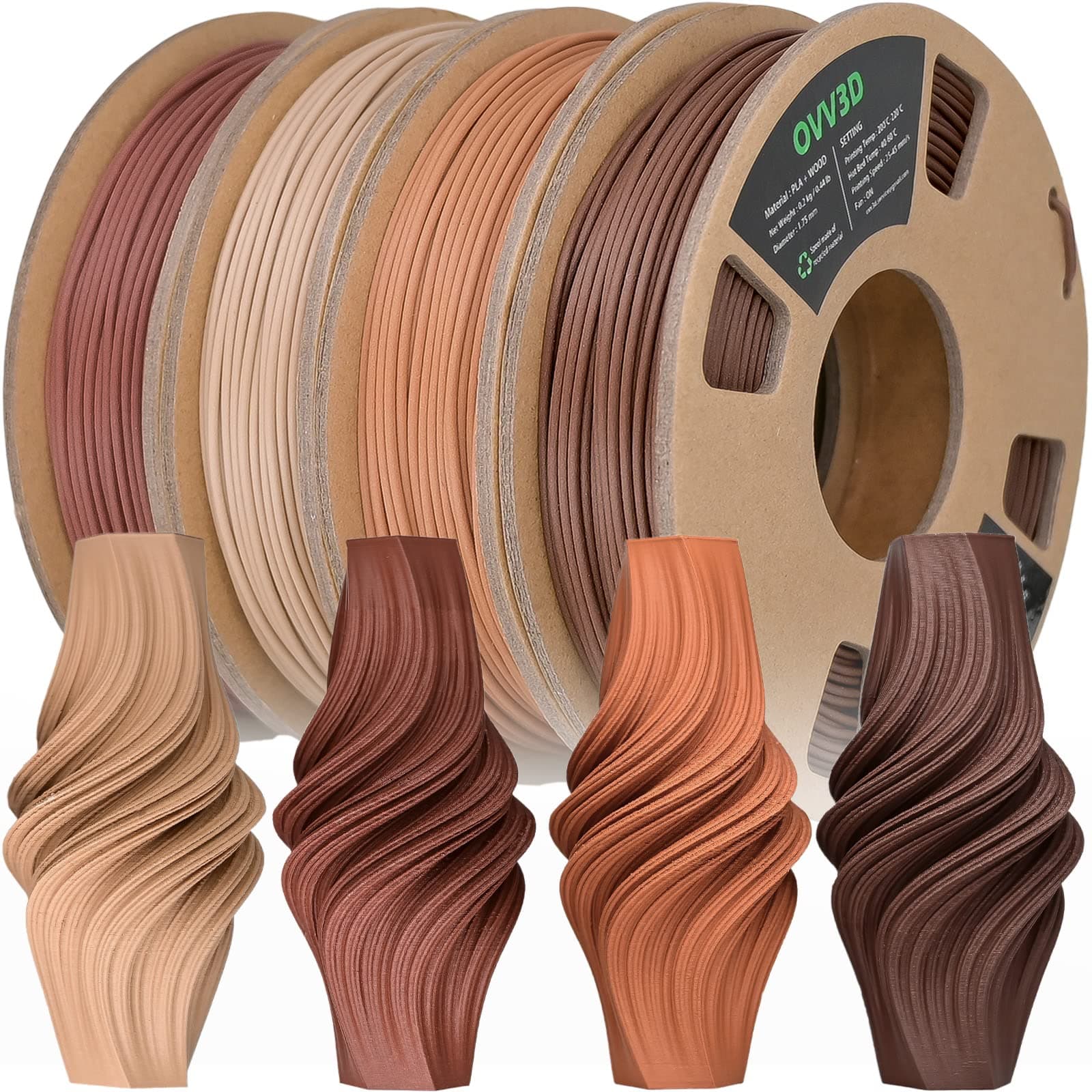 OVV3D Wood 3D Printer Filament Bundle, Wood PLA Filament 1.75mm Bundle, Add More Than 30% Real WoodFiber, Walnut, Oak, Cherry, Teak, 1.75 PLA Filament 3D Printing Filament, 200g X 4 Pack