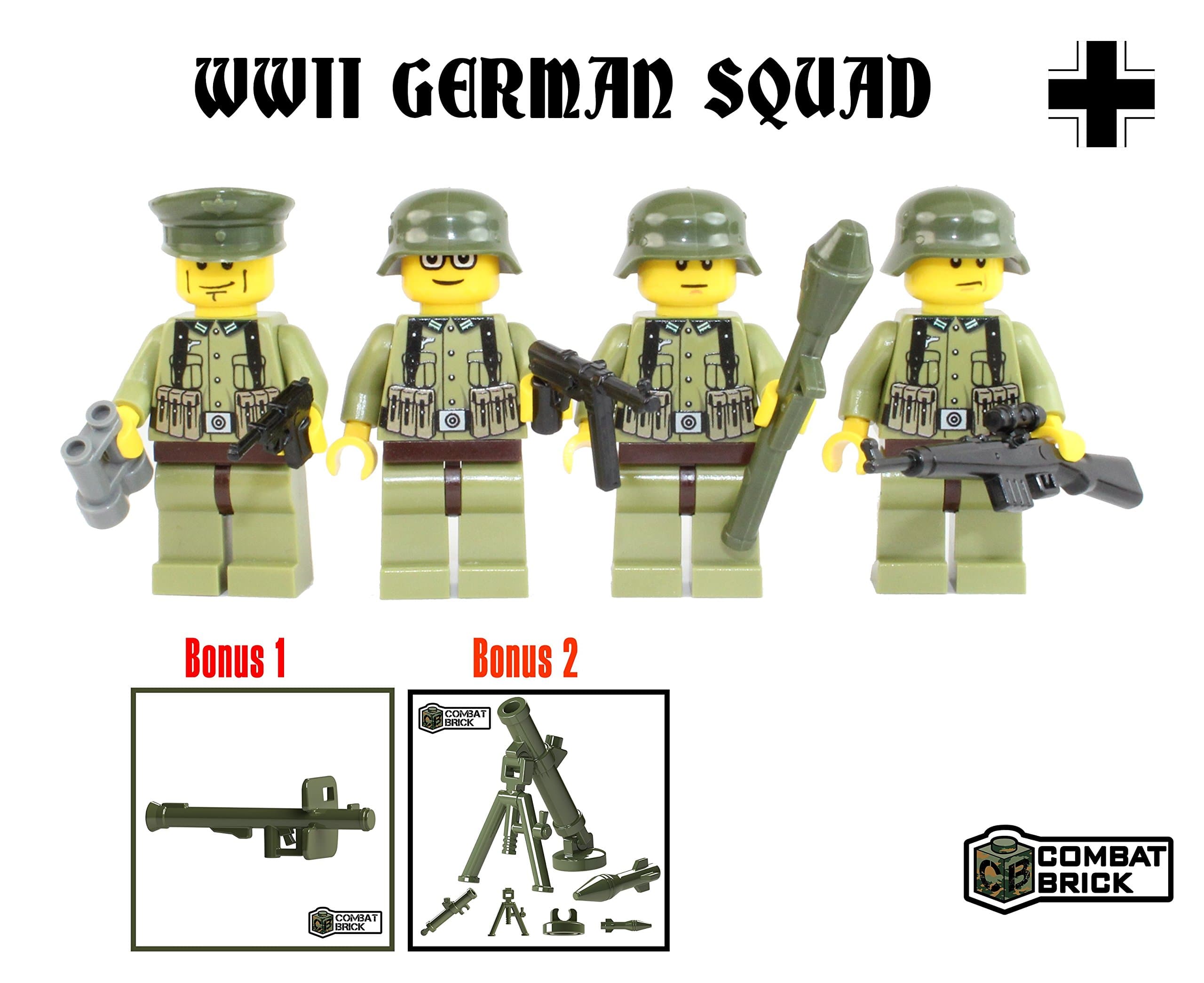 CombatBrick Premium WW2 German Army 4 Soldiers Squad in Field Green : Lot of WWII Action Figures and Weapons - Custom Military Brick Builder Minifigures