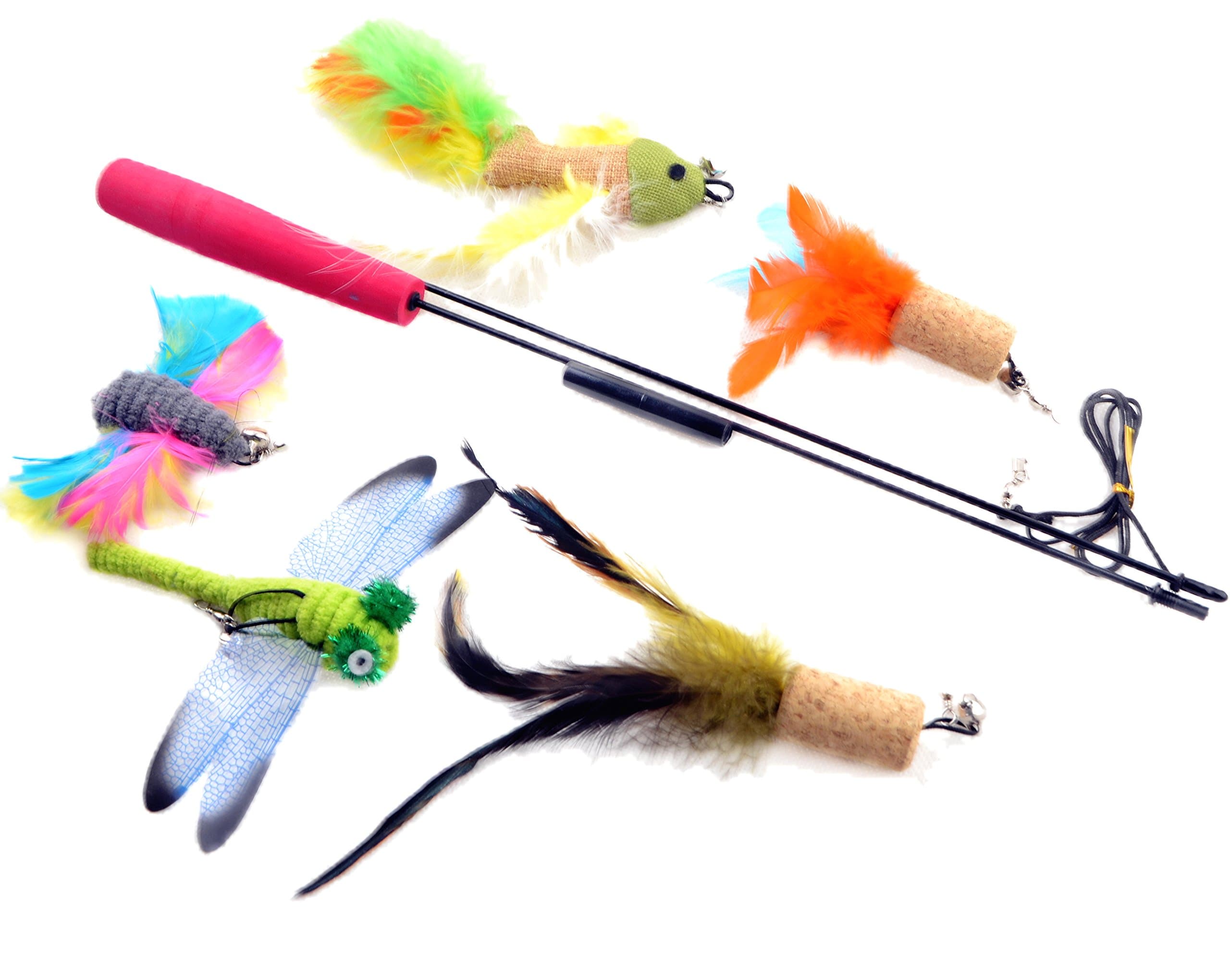 The Giddy Kitty 5 Pack Cat Feather Toys with Small Bells and Long 33 Inch Wand with Handle - Includes 2 Soft Flying Insects, 1 Fish, 2 Corkscrew Feathers - Teaser Toy for Exercising Kitten or Cats
