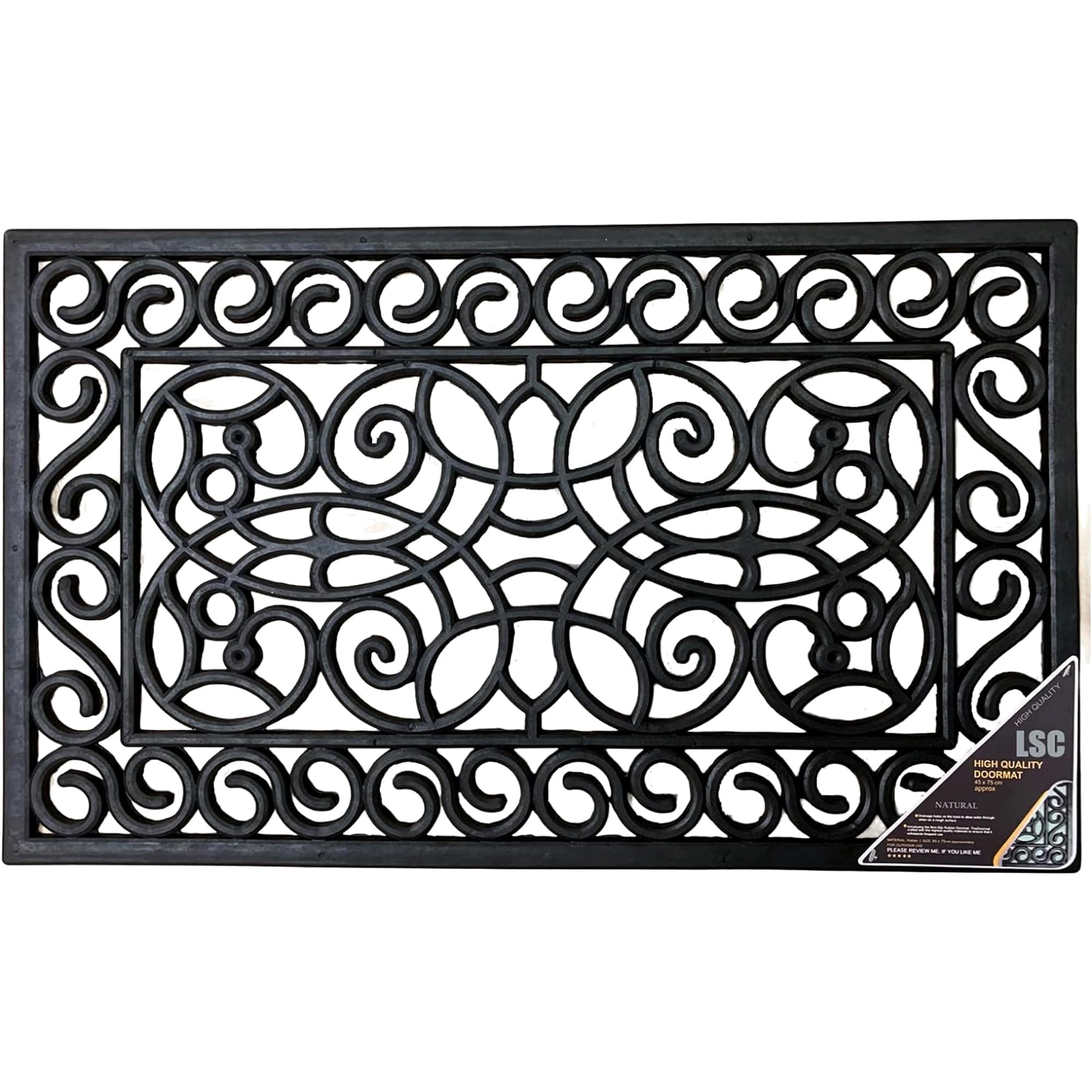 LSC Rubber Door Mat Outdoor Heavy Duty Large Door Mat Non Slip Dirt Scraper Outdoor Mats for Front Door Black Welcome Decorative Wrought Iron Effect Drainage Doormats Outside (Pack of 1, 45 X 75 cm)