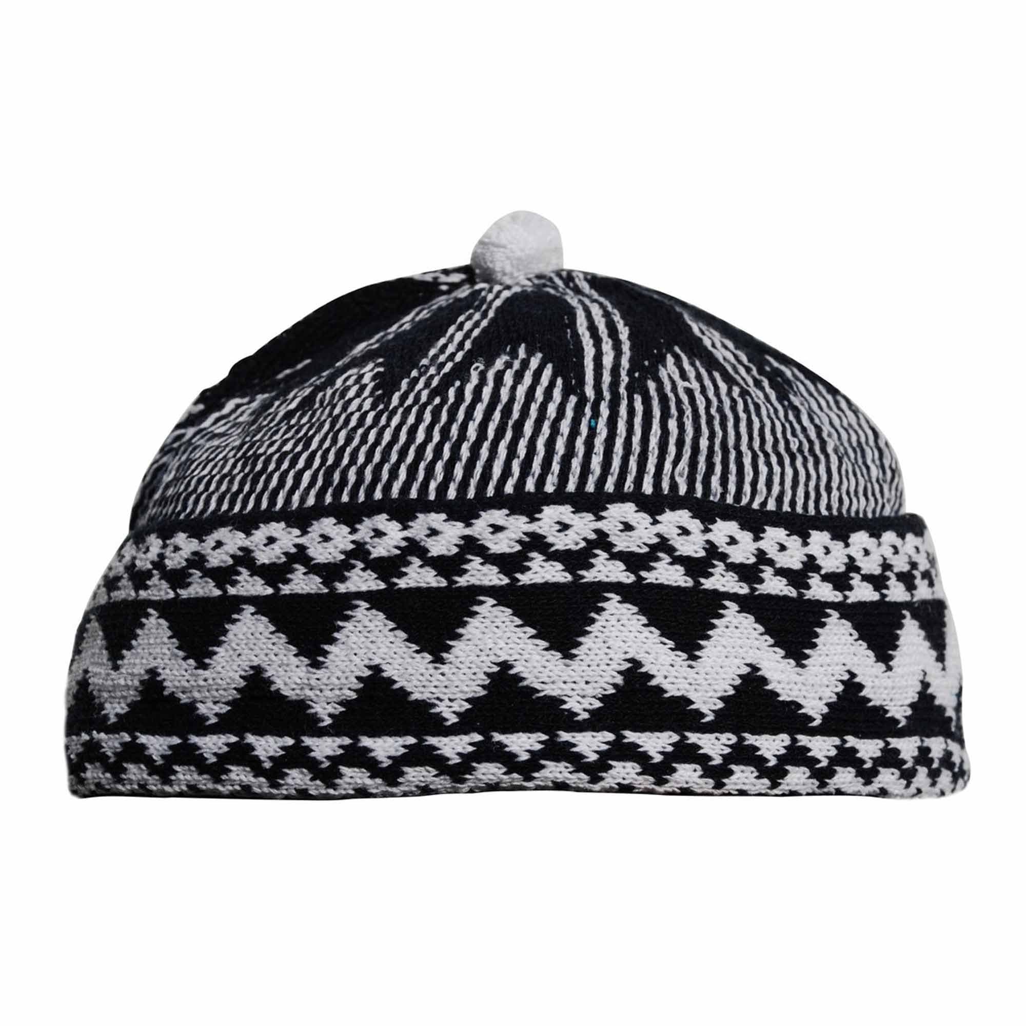 TheKufi® Black Cotton Blend Zigzag Beanie Kufi Hat with Ball on Top One-Size