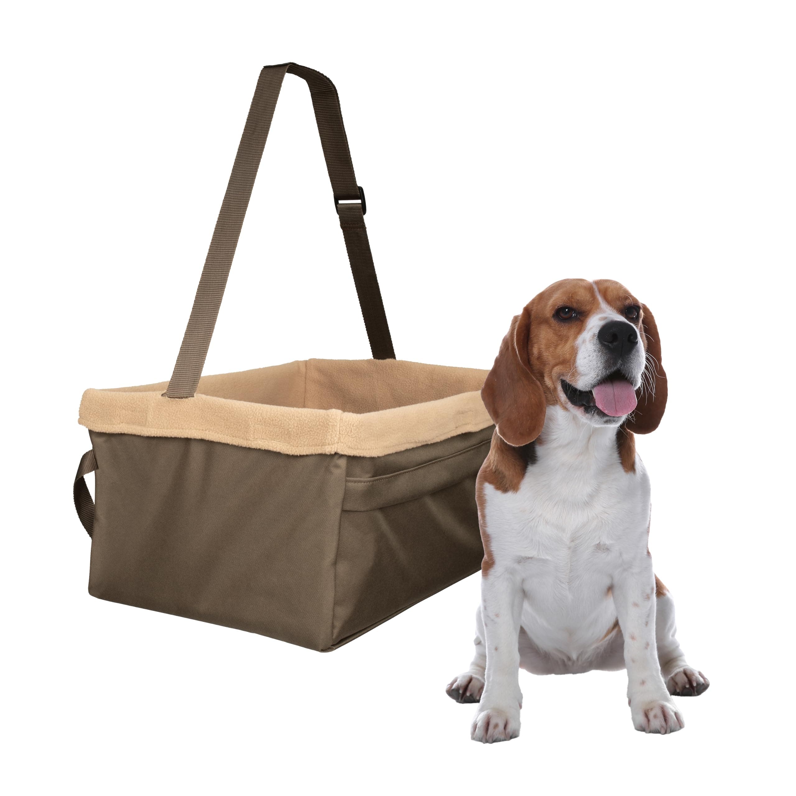 Happy Ride Booster Seat for Dogs - Open Road Comfort - Safe Tether System - Zipper Pouch Dog Seat - Machine Washable Fleece Liner - Easy Install Design - Brown - Up to 25 lb