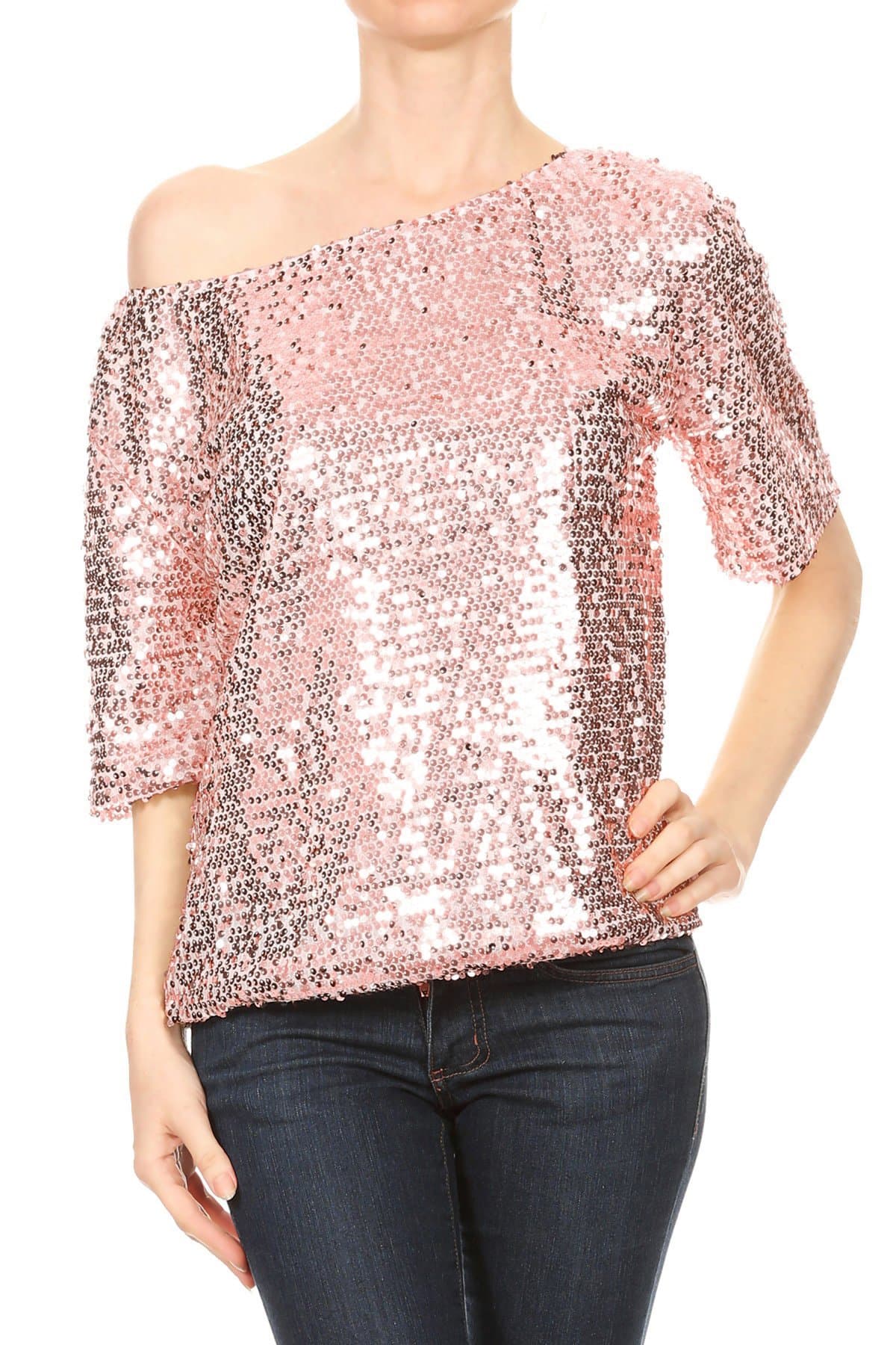 Womens Short Sleeve One Shoulder Sparkly Glitter Sequin Top Shirt Blouse
