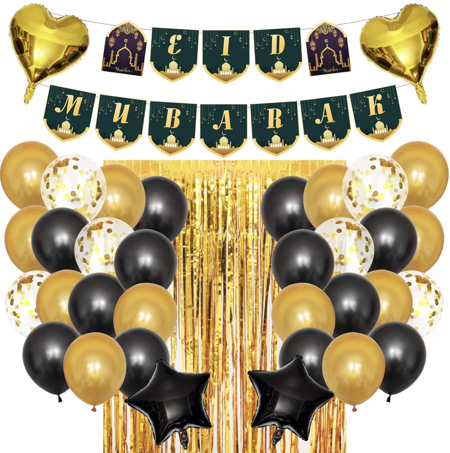 Deal Noon Instant Eid Mubarak Decoration Balloon - Banners, Black & Gold Balloons of Hearts and Stars, with Metallic Foil Tinsel Curtain - Party Supplies (Black and Gold)