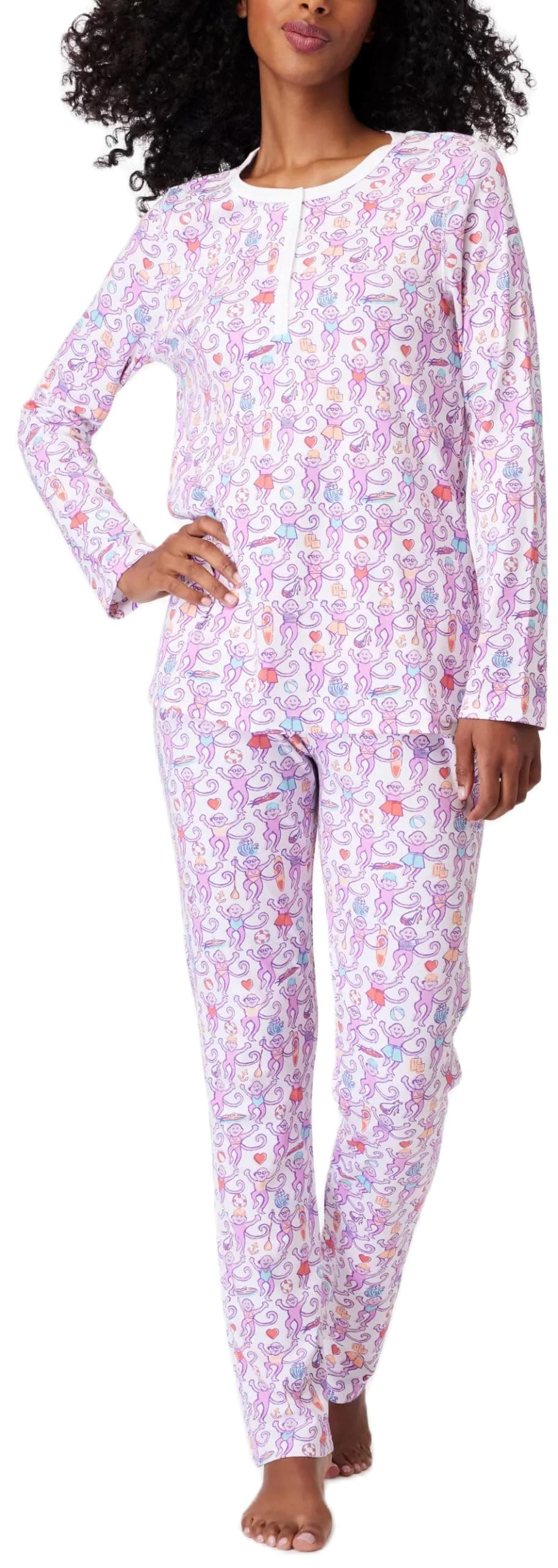 Women Monkey Pajamas Preppy Pjs Cute 2 Piece Floral Pj Pants Set Y2k Button up Long Sleeve Lounge Pajamas Shirt Set