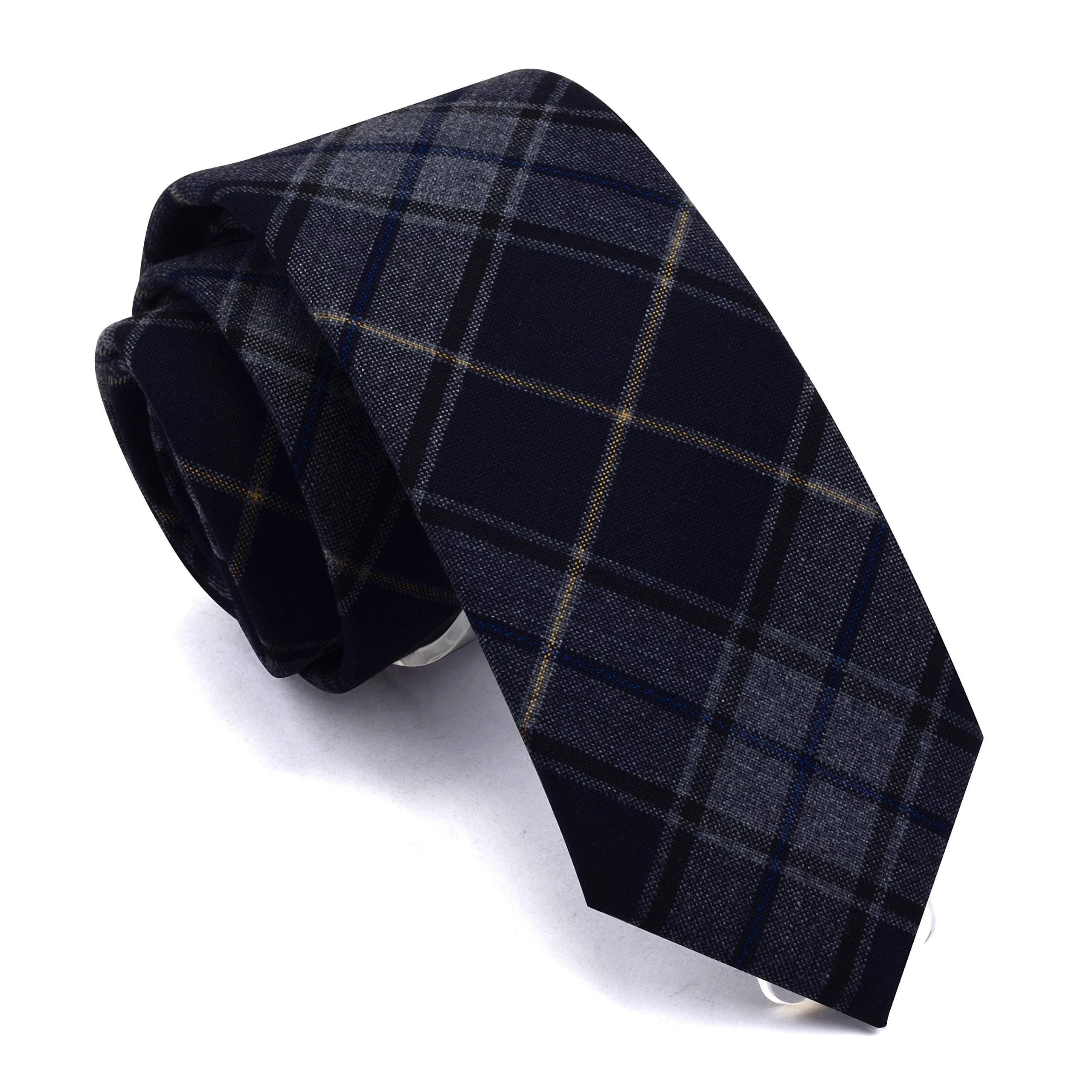 2.8"（7cm） Plaid/Striped Necktie Tartan Woven TR Material Tie + Gift Box, Gray/Dark Navy Blue
